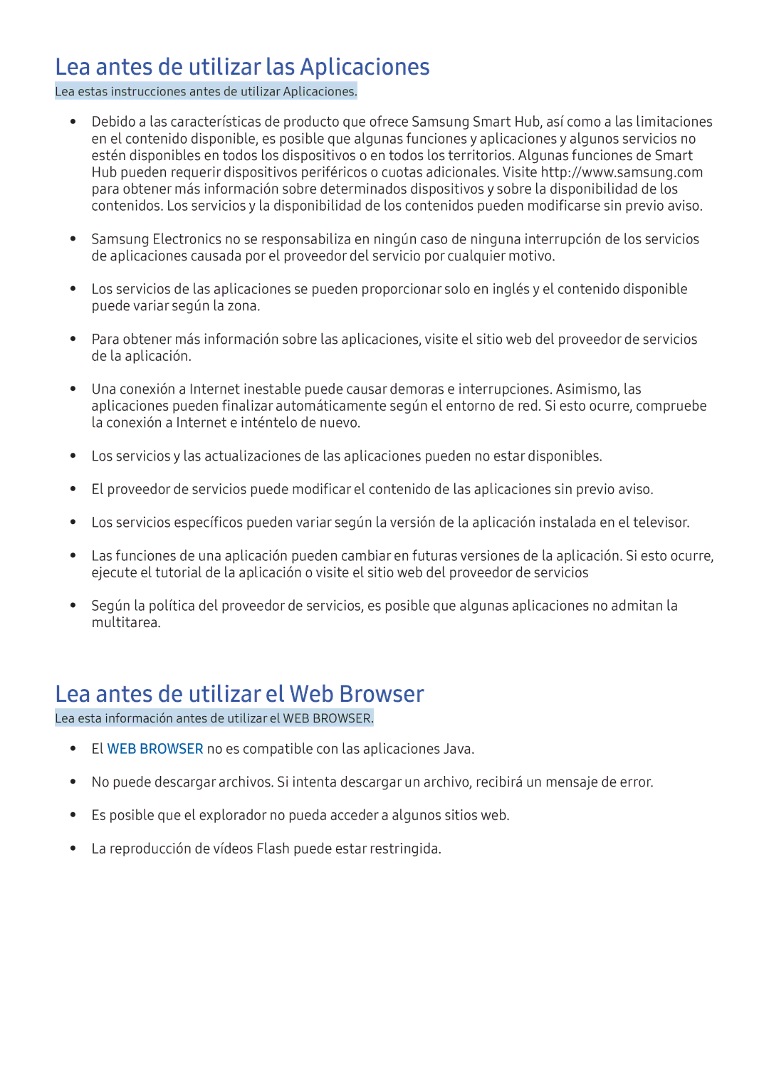 Samsung UE40K5570SUXXC, UE55K5570SUXZG manual Lea antes de utilizar las Aplicaciones, Lea antes de utilizar el Web Browser 