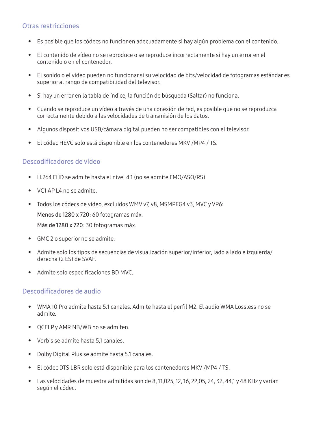 Samsung UE55K5500AKXXC, UE55K5570SUXZG manual Otras restricciones, Descodificadores de vídeo, Descodificadores de audio 