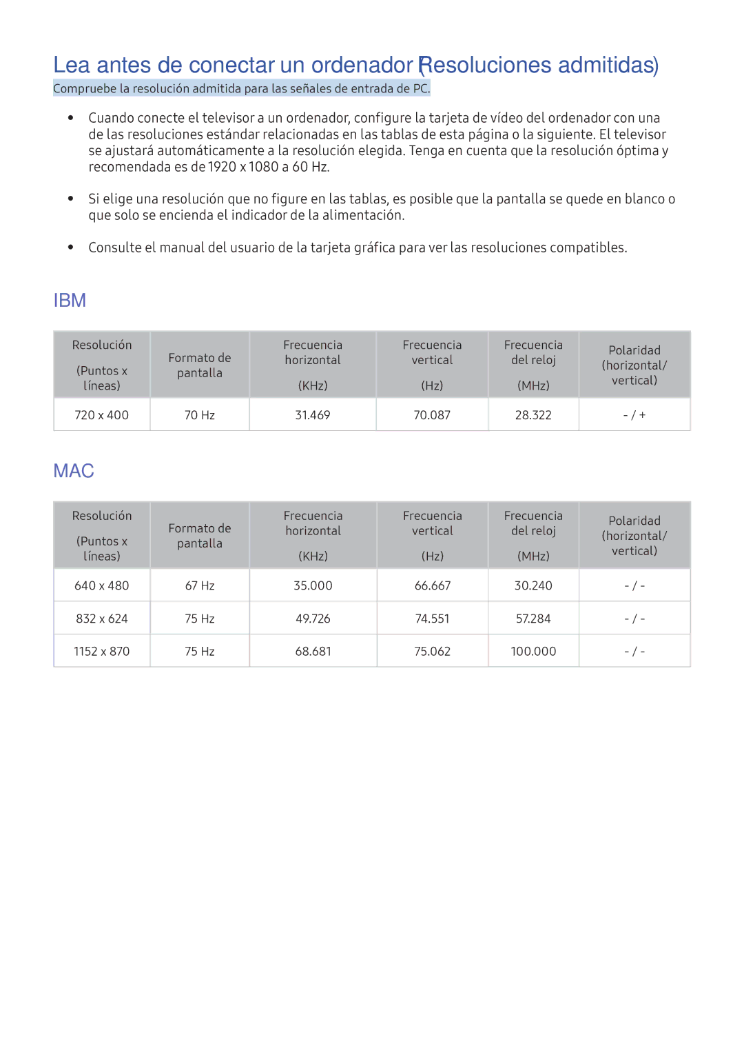 Samsung UE32K5600AKXXC Lea antes de conectar un ordenador Resoluciones admitidas, Recomendada es de 1920 x 1080 a 60 Hz 