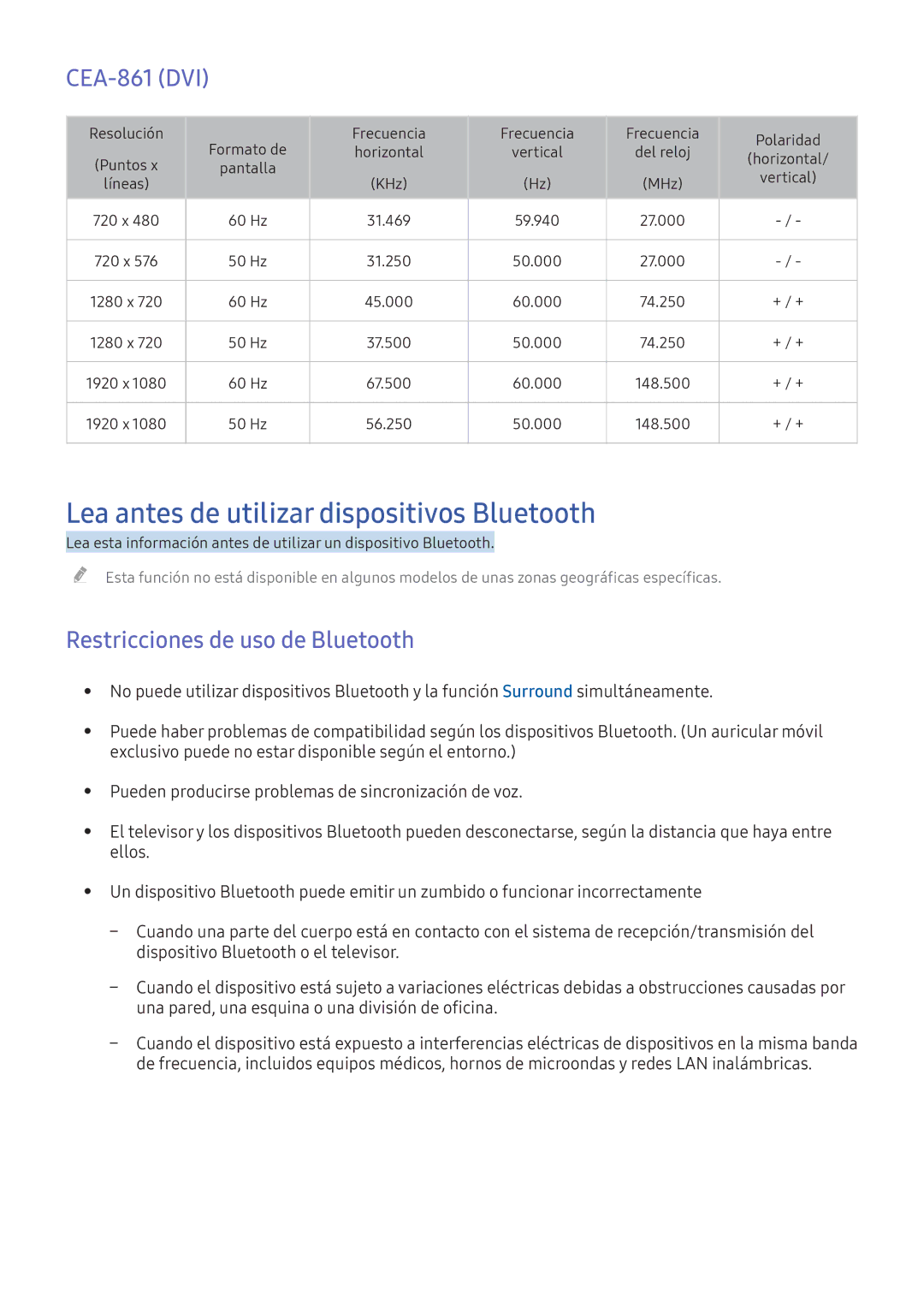 Samsung UE40K6300AKXXC manual Lea antes de utilizar dispositivos Bluetooth, CEA-861 DVI, Restricciones de uso de Bluetooth 