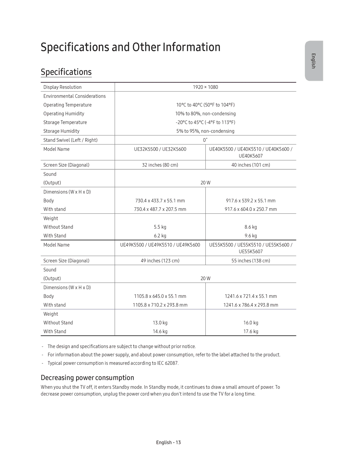 Samsung UE40K5607AKXZT, UE55K5607AKXZT manual Specifications and Other Information, Decreasing power consumption 