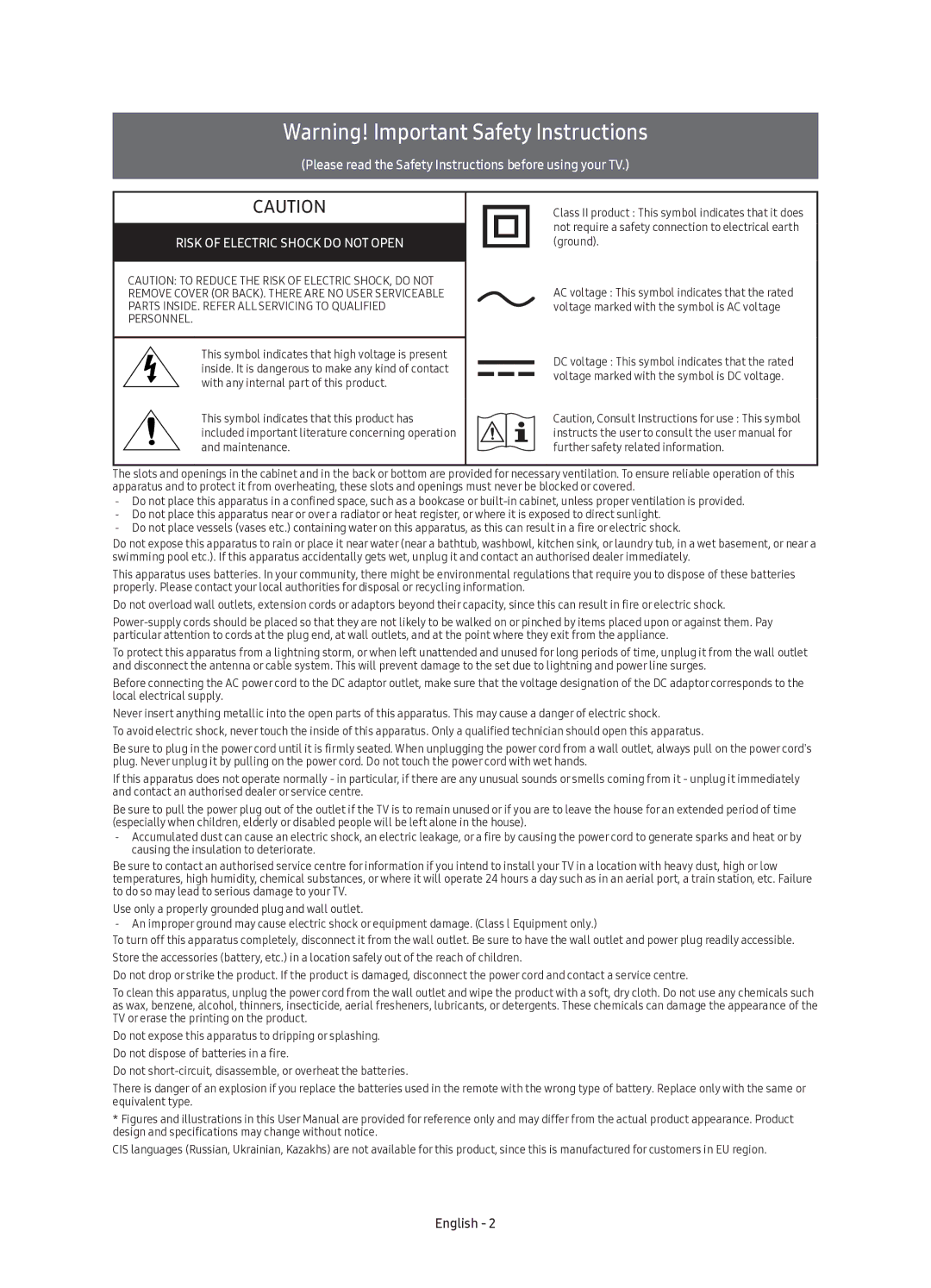 Samsung UE55K5607AKXZT, UE40K5607AKXZT manual Risk of Electric Shock do not Open 