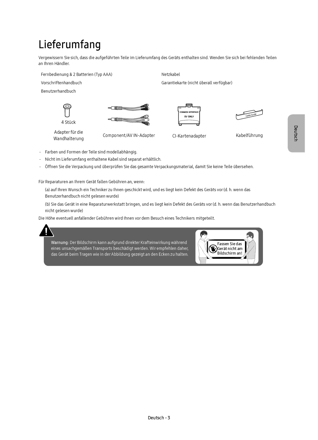 Samsung UE40K5607AKXZT, UE55K5607AKXZT manual Lieferumfang, Component/AV IN-Adapter CI-Kartenadapter 