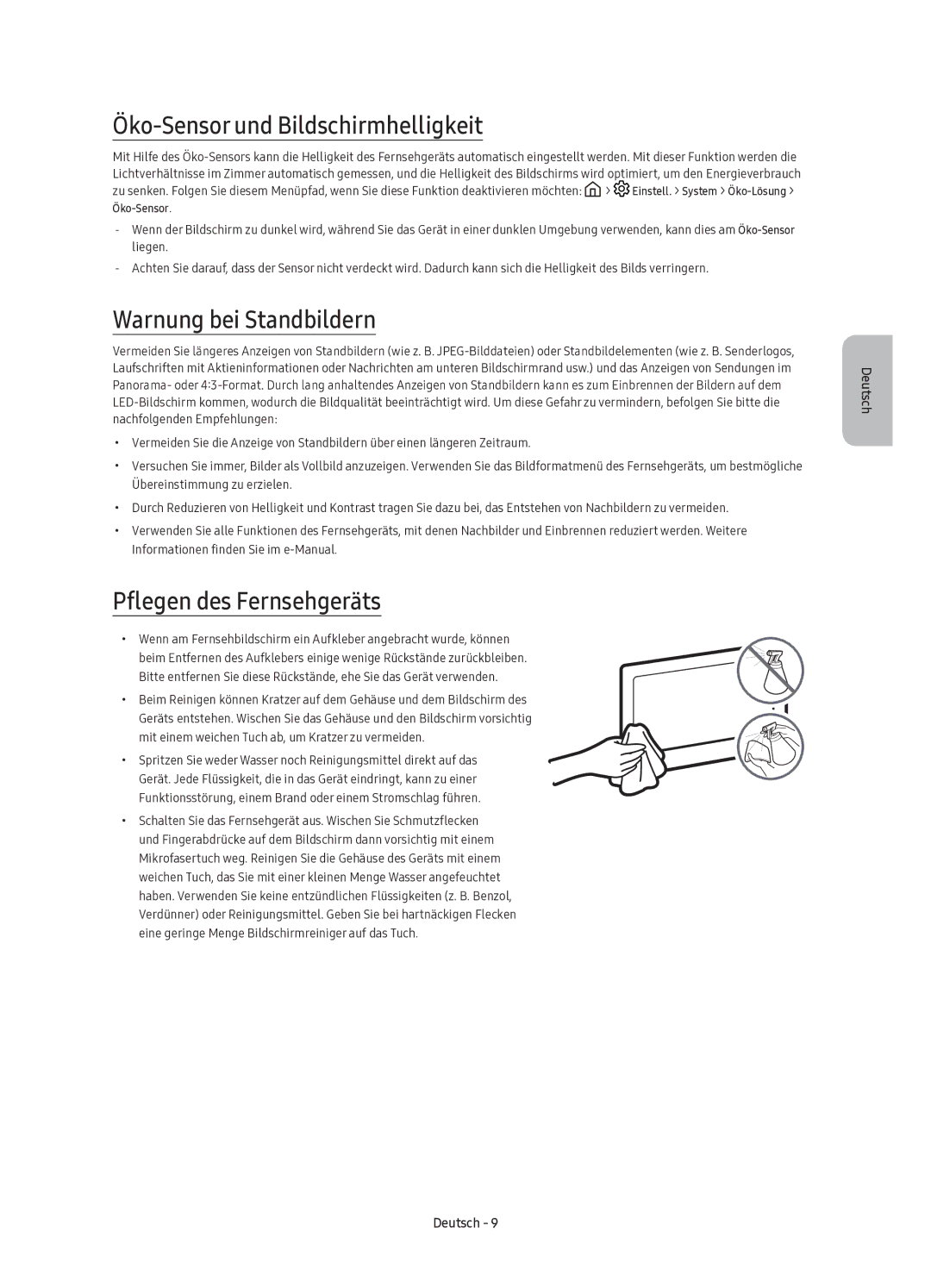 Samsung UE40K5607AKXZT manual Öko-Sensor und Bildschirmhelligkeit, Warnung bei Standbildern, Pflegen des Fernsehgeräts 