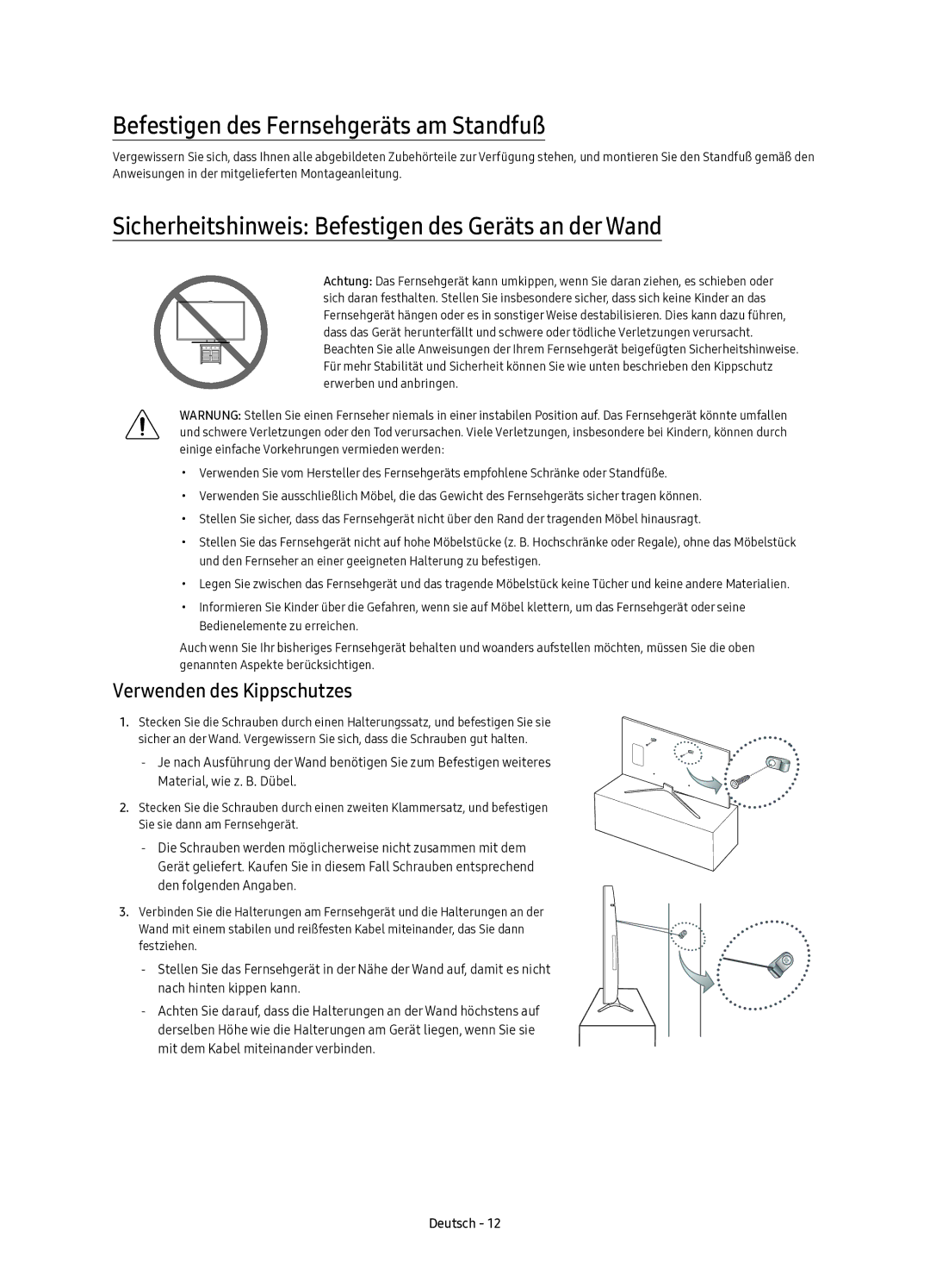 Samsung UE55K5607AKXZT Befestigen des Fernsehgeräts am Standfuß, Sicherheitshinweis Befestigen des Geräts an der Wand 