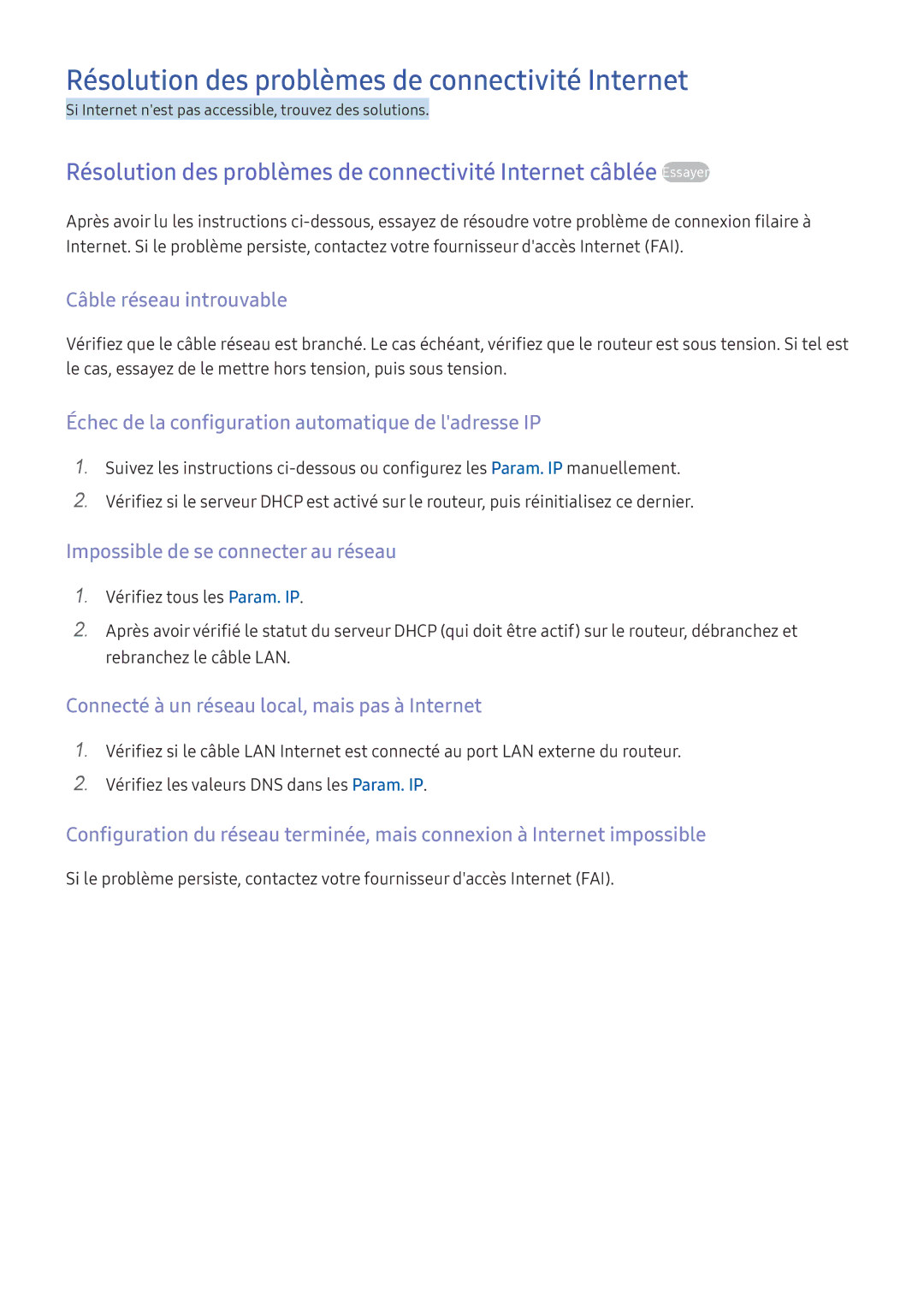 Samsung UE55K6370SUXZF, UE55K6300AKXZF manual Résolution des problèmes de connectivité Internet, Câble réseau introuvable 