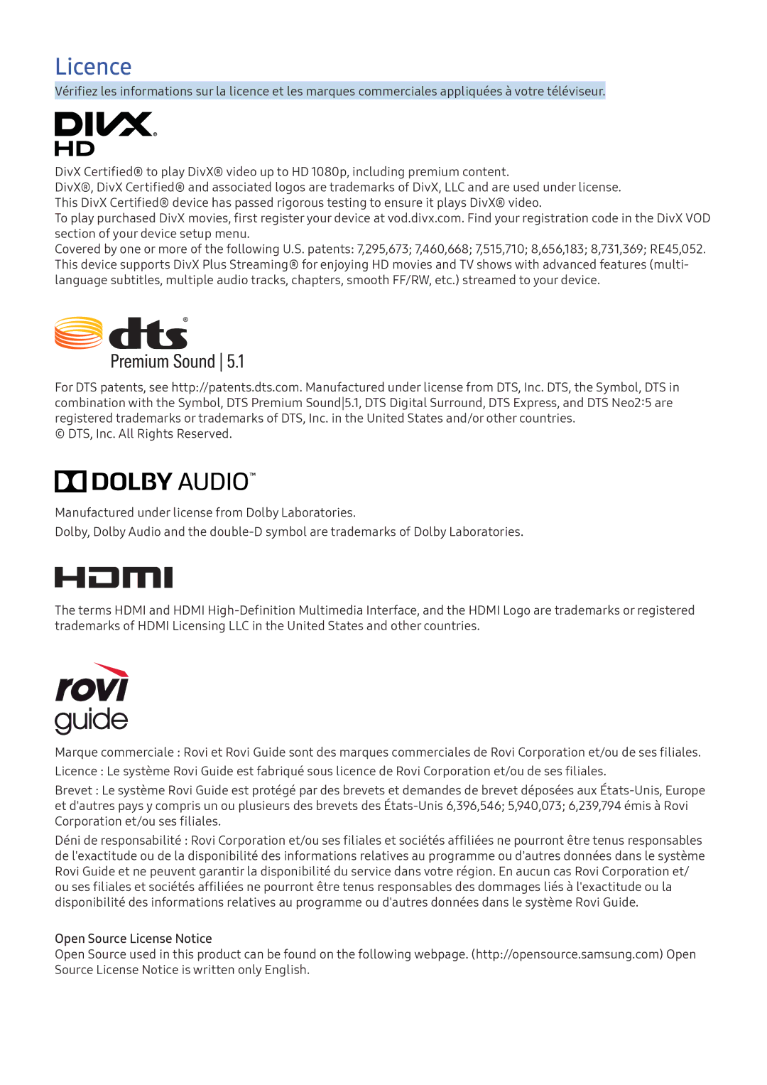 Samsung UE49K5600AKXZF, UE55K6300AKXZF, UE49K6300AKXZF, UE40K5500AKXZF, UE49K5510AKXZF, UE40K6370SUXZF, UE40K5510AKXZF Licence 