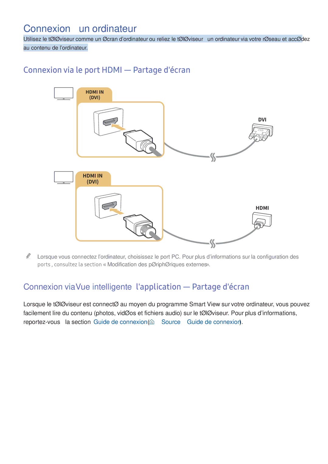 Samsung UE49K6300AKXZF, UE55K6300AKXZF manual Connexion à un ordinateur, Connexion via le port Hdmi ― Partage décran 