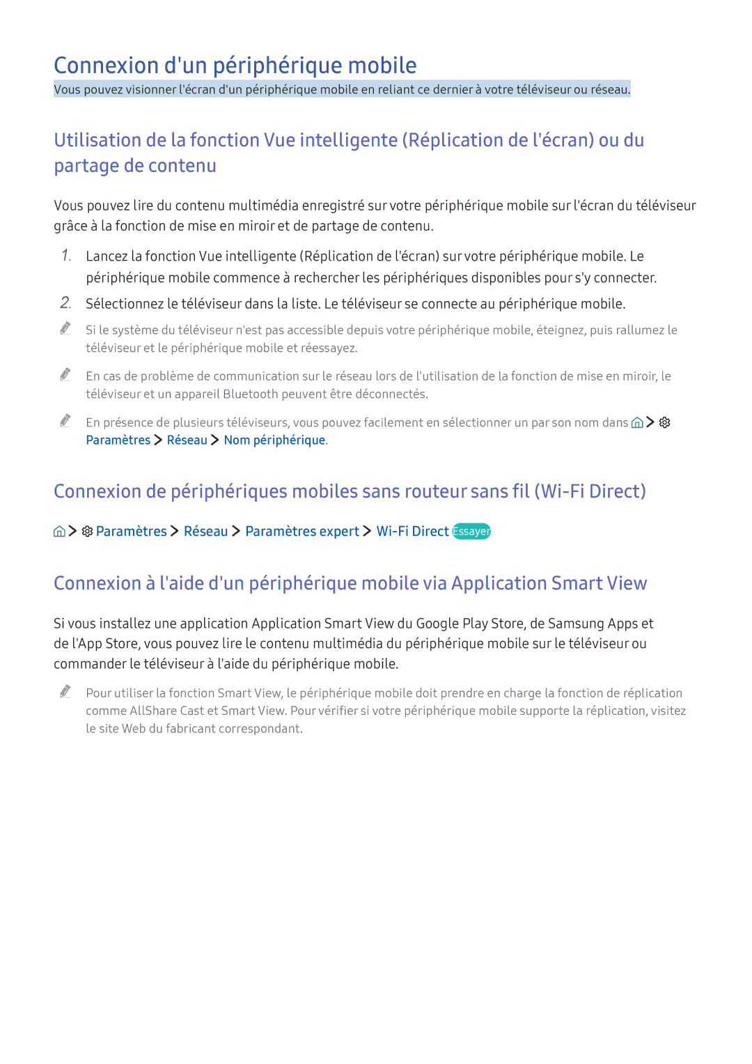 Samsung UE40K5500AKXZF manual Connexion dun périphérique mobile, Paramètres Réseau Paramètres expert Wi-Fi Direct Essayer 