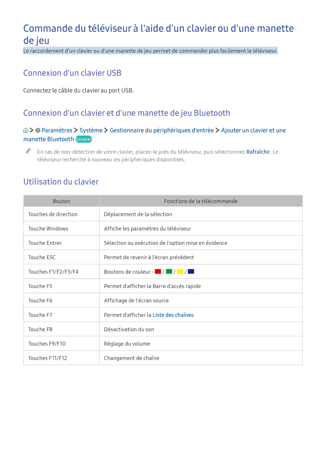 Samsung UE40K5600AKXZF, UE55K6300AKXZF Connexion dun clavier USB, Connexion dun clavier et dune manette de jeu Bluetooth 