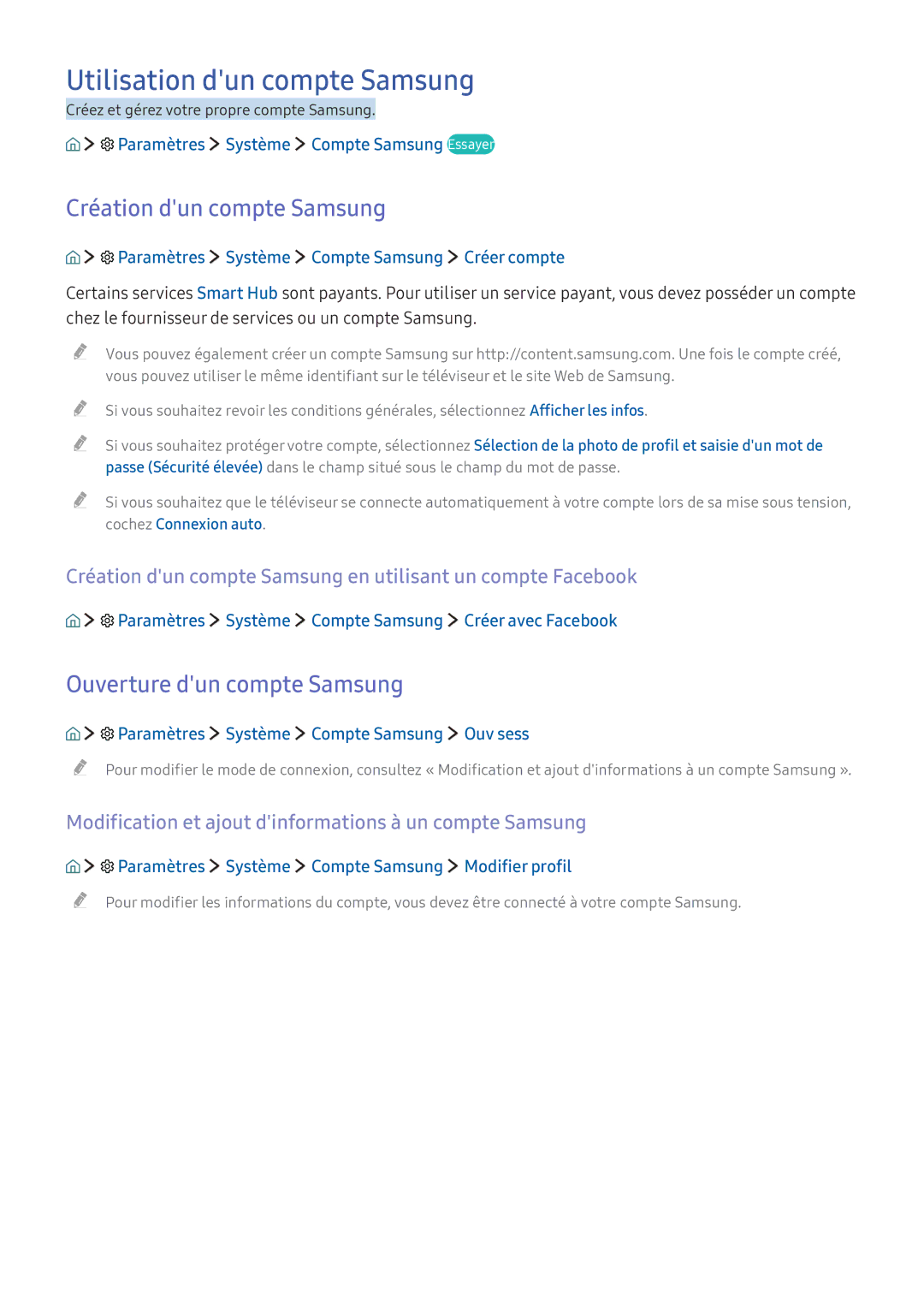 Samsung UE40K6300AKXZF manual Utilisation dun compte Samsung, Création dun compte Samsung, Ouverture dun compte Samsung 