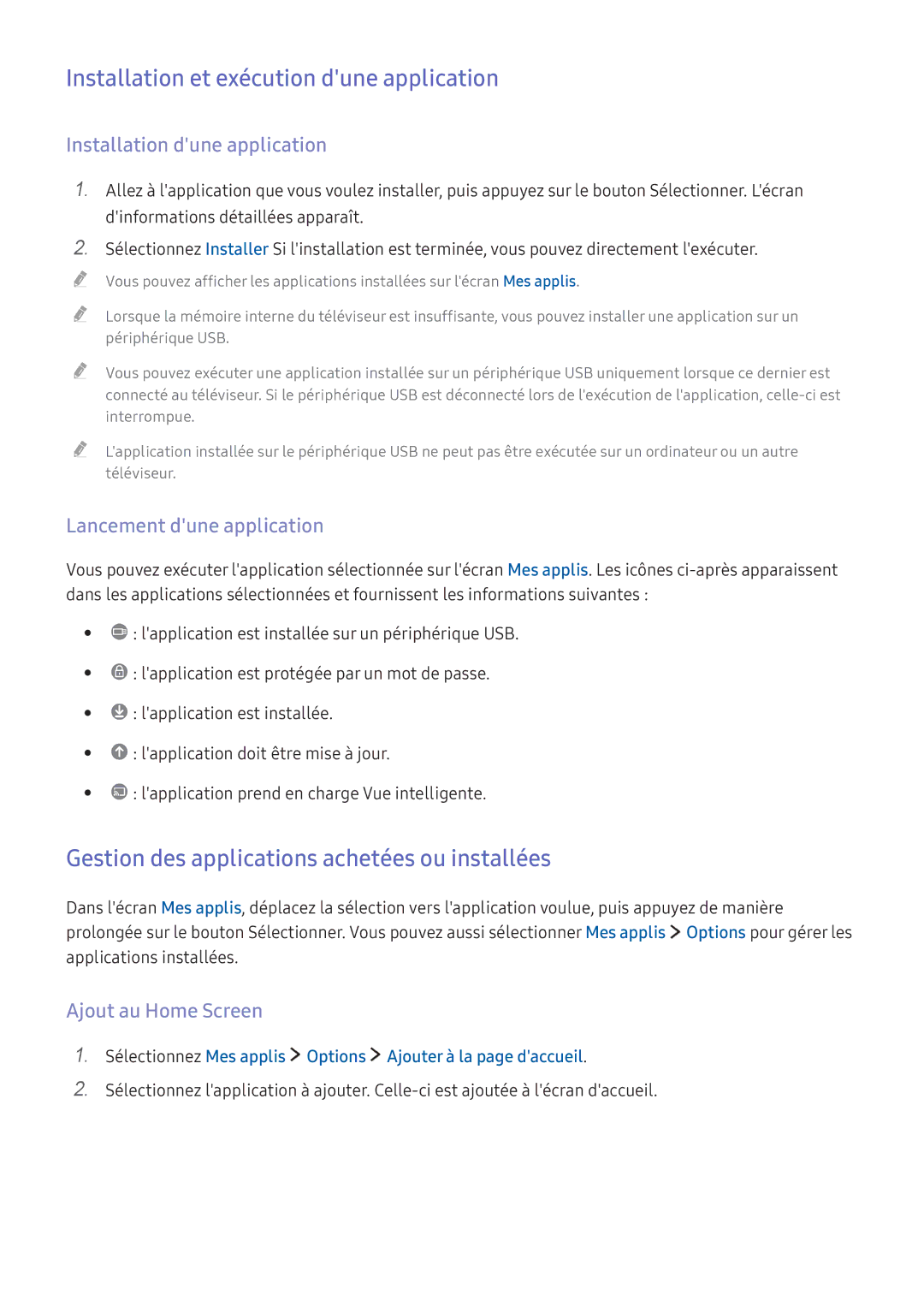 Samsung UE49K6300AKXZF manual Installation et exécution dune application, Gestion des applications achetées ou installées 