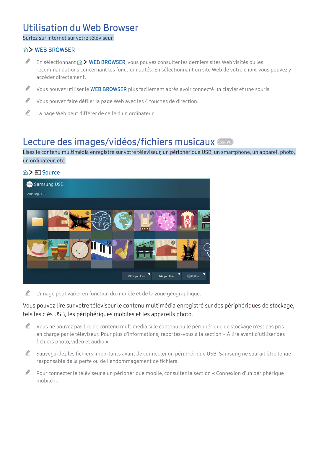 Samsung UE49K5510AKXZF, UE55K6300AKXZF Utilisation du Web Browser, Lecture des images/vidéos/fichiers musicaux Essayer 