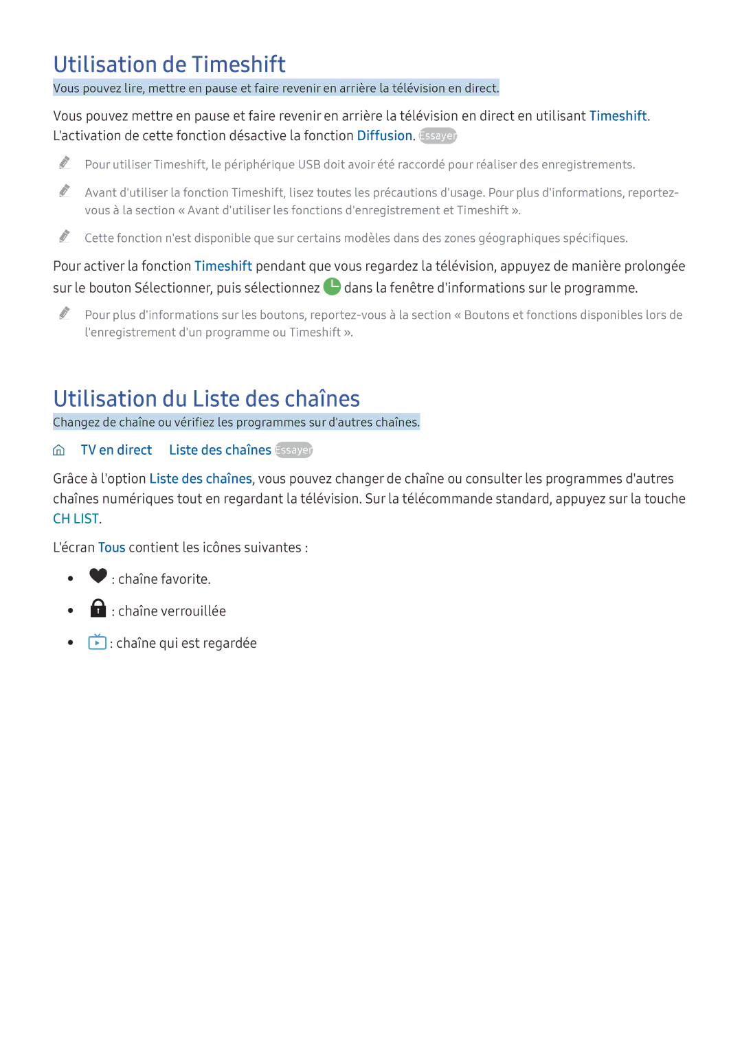 Samsung UE55K6370SUXZF Utilisation de Timeshift, Utilisation du Liste des chaînes, TV en direct Liste des chaînes Essayer 