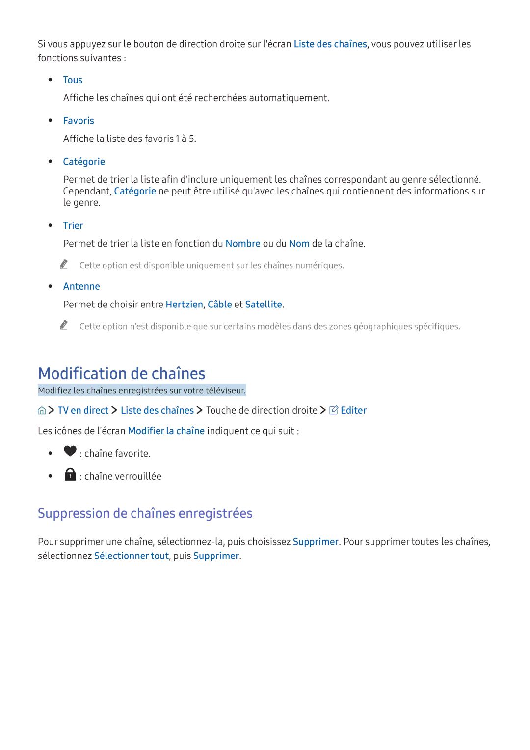 Samsung UE32K5500AKXZF, UE55K6300AKXZF, UE49K6300AKXZF manual Modification de chaînes, Suppression de chaînes enregistrées 