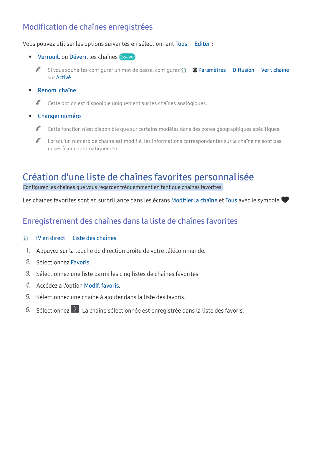 Samsung UE49K5500AKXZF manual Création dune liste de chaînes favorites personnalisée, Modification de chaînes enregistrées 