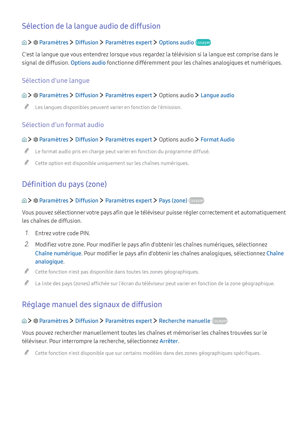 Samsung UE40K5500AKXZF manual Sélection de la langue audio de diffusion, Définition du pays zone, Sélection dune langue 