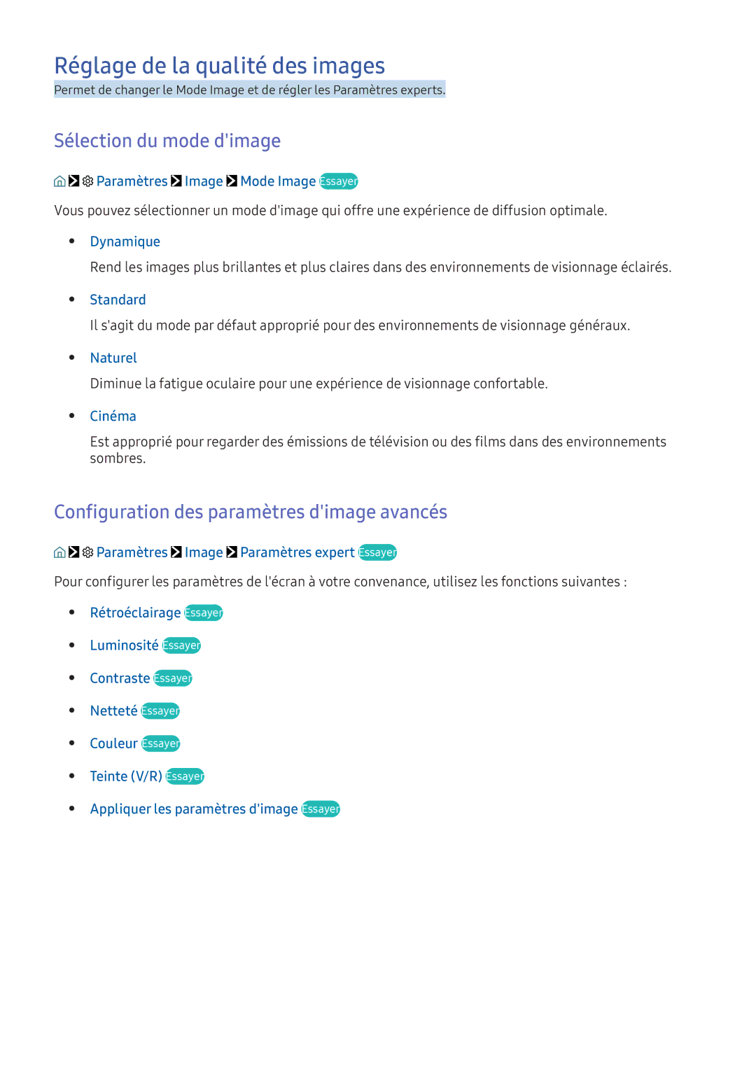 Samsung UE40K6370SUXZF, UE55K6300AKXZF, UE49K6300AKXZF manual Réglage de la qualité des images, Sélection du mode dimage 