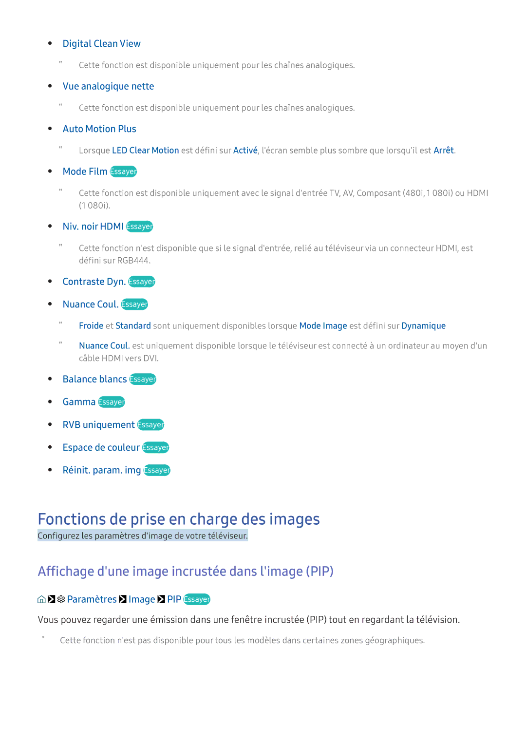 Samsung UE40K5510AKXZF manual Fonctions de prise en charge des images, Affichage dune image incrustée dans limage PIP 