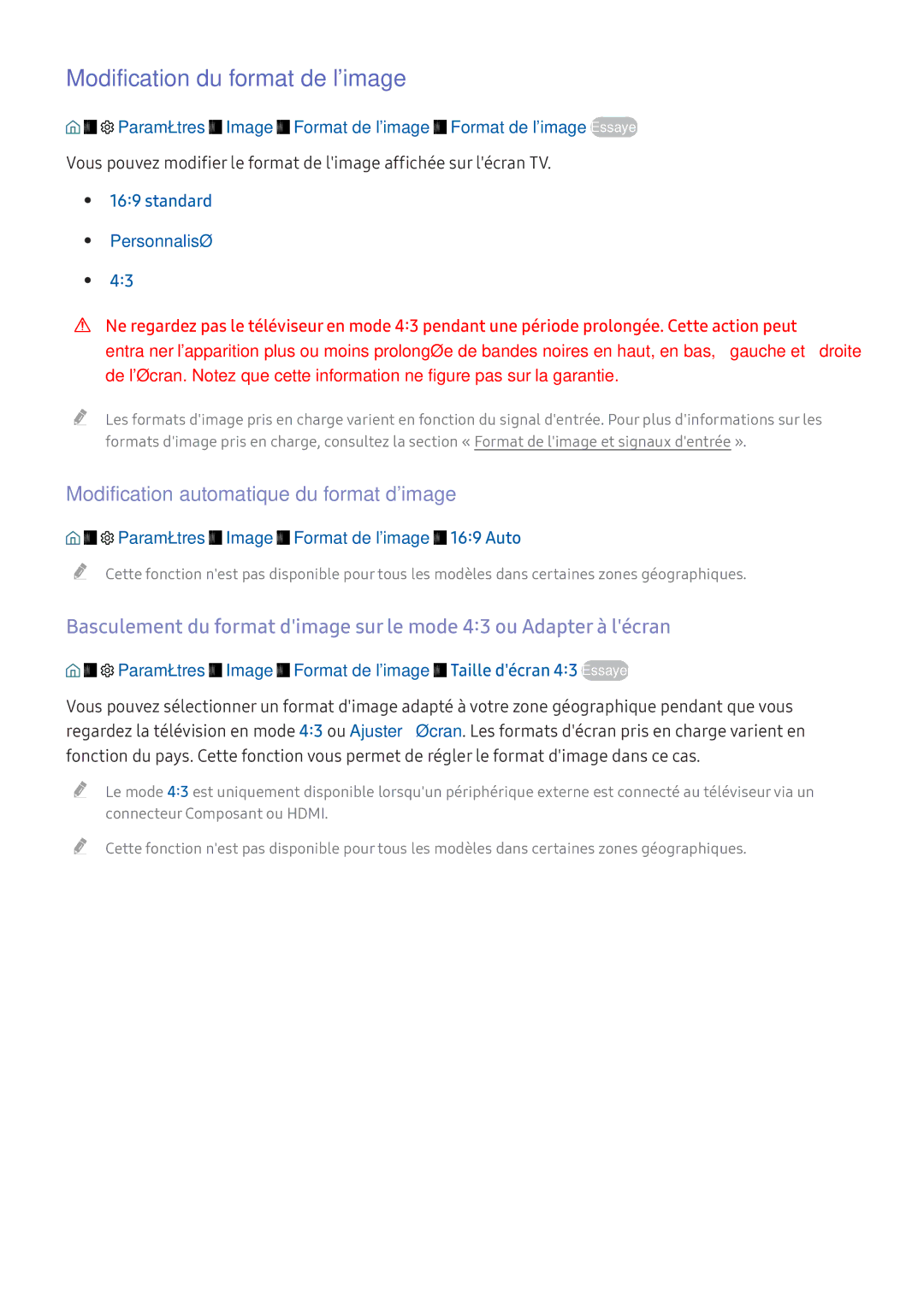 Samsung UE49K6370SUXZF, UE55K6300AKXZF manual Modification du format de limage, Modification automatique du format dimage 