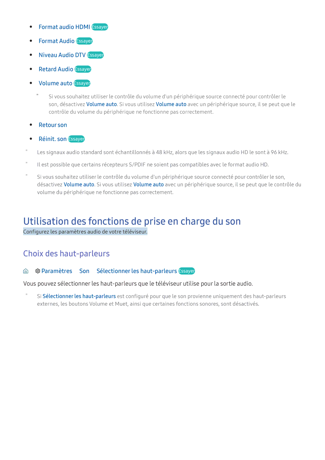 Samsung UE32K5600AKXZF, UE55K6300AKXZF manual Utilisation des fonctions de prise en charge du son, Choix des haut-parleurs 