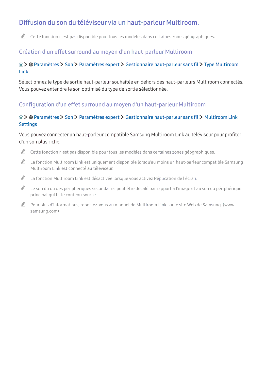 Samsung UE32K5500AKXZF, UE55K6300AKXZF, UE49K6300AKXZF manual Diffusion du son du téléviseur via un haut-parleur Multiroom 