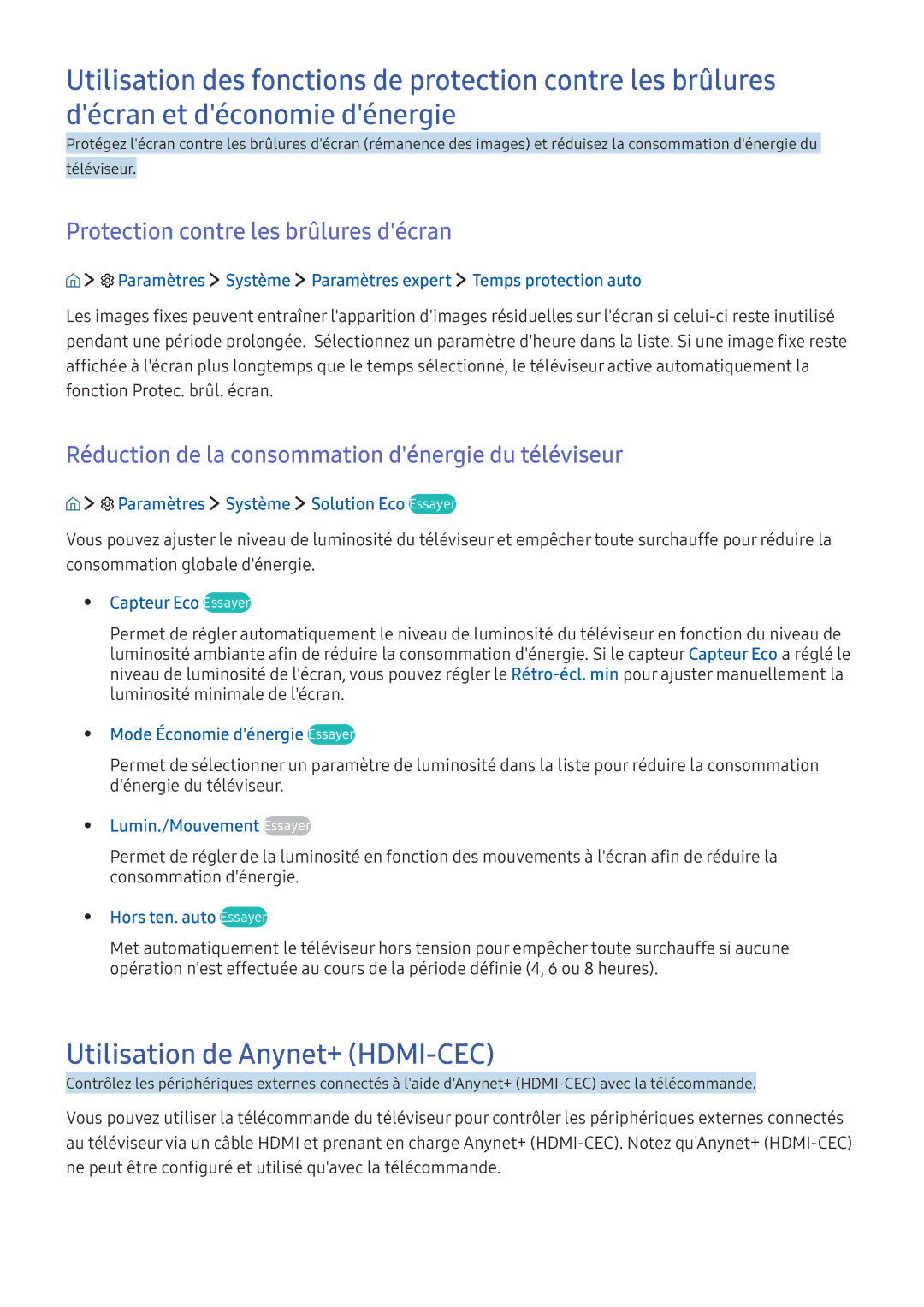 Samsung UE55K6300AKXZF, UE49K6300AKXZF manual Utilisation de Anynet+ HDMI-CEC, Protection contre les brûlures décran 