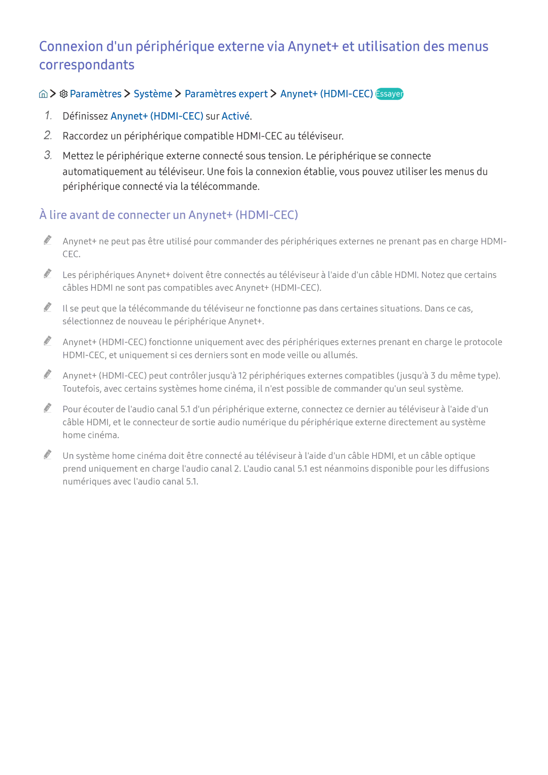 Samsung UE49K6300AKXZF, UE55K6300AKXZF, UE40K5500AKXZF, UE49K5600AKXZF manual Lire avant de connecter un Anynet+ HDMI-CEC 