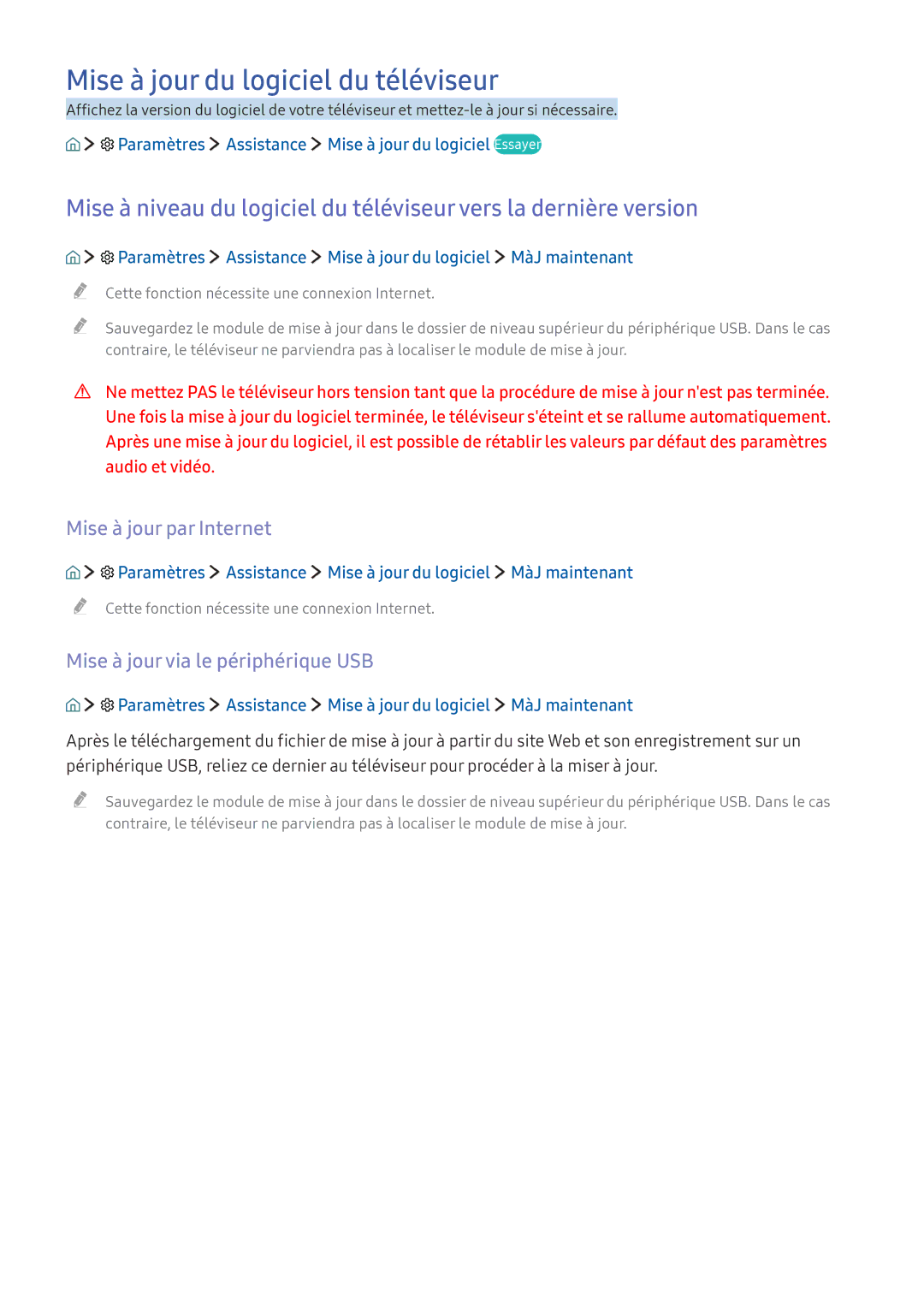 Samsung UE40K5500AKXZF, UE55K6300AKXZF, UE49K6300AKXZF manual Mise à jour du logiciel du téléviseur, Mise à jour par Internet 