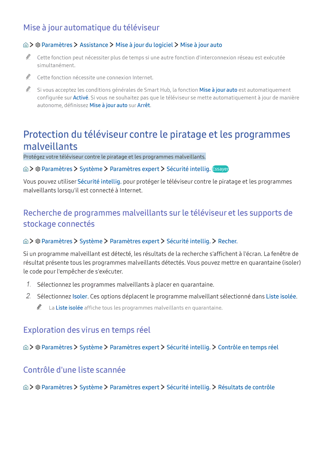 Samsung UE49K5600AKXZF, UE55K6300AKXZF manual Mise à jour automatique du téléviseur, Exploration des virus en temps réel 