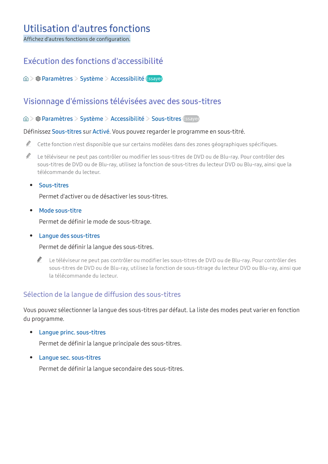 Samsung UE49K5510AKXZF, UE55K6300AKXZF manual Utilisation dautres fonctions, Exécution des fonctions daccessibilité 