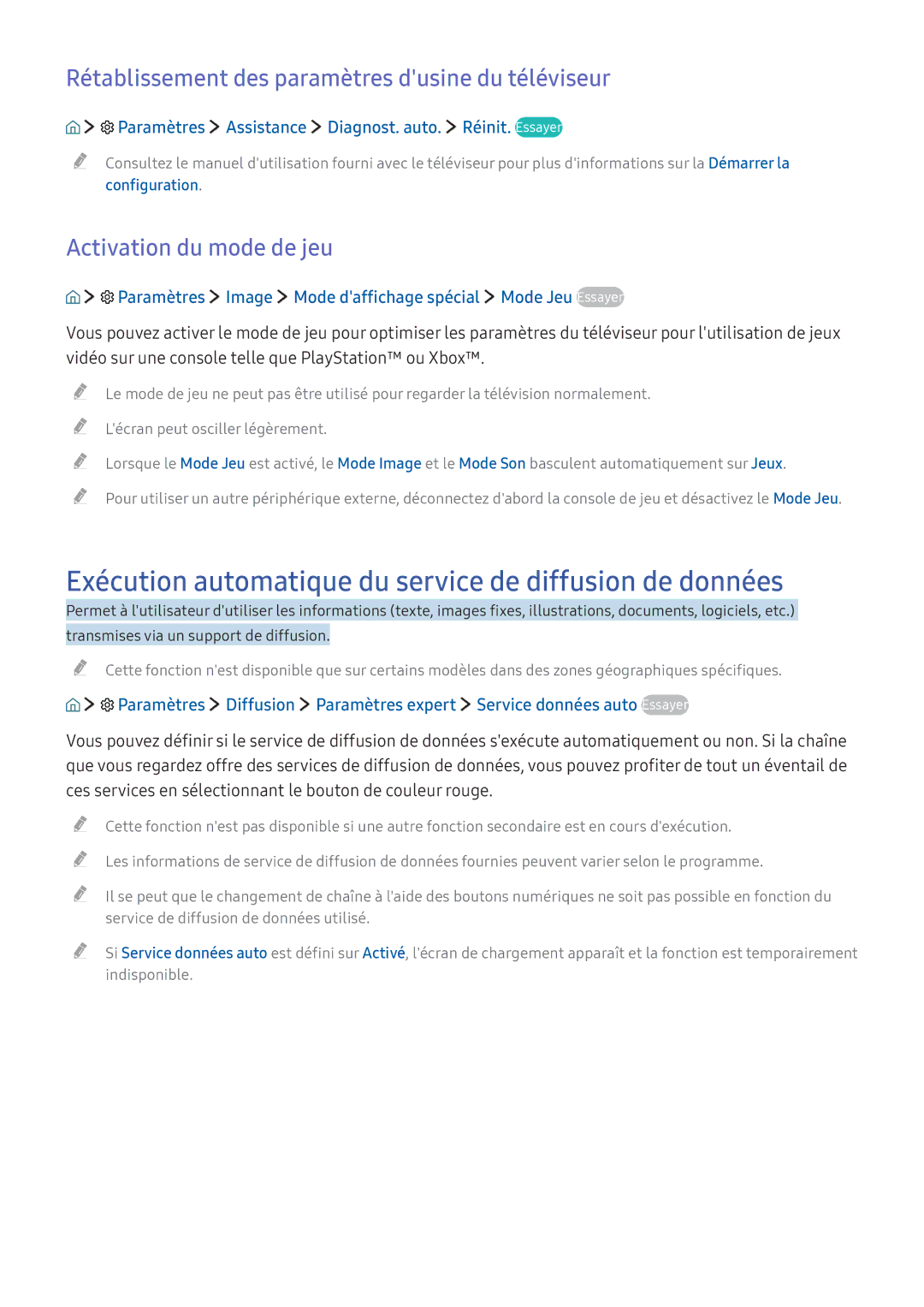 Samsung UE40K5600AKXZF, UE55K6300AKXZF Exécution automatique du service de diffusion de données, Activation du mode de jeu 