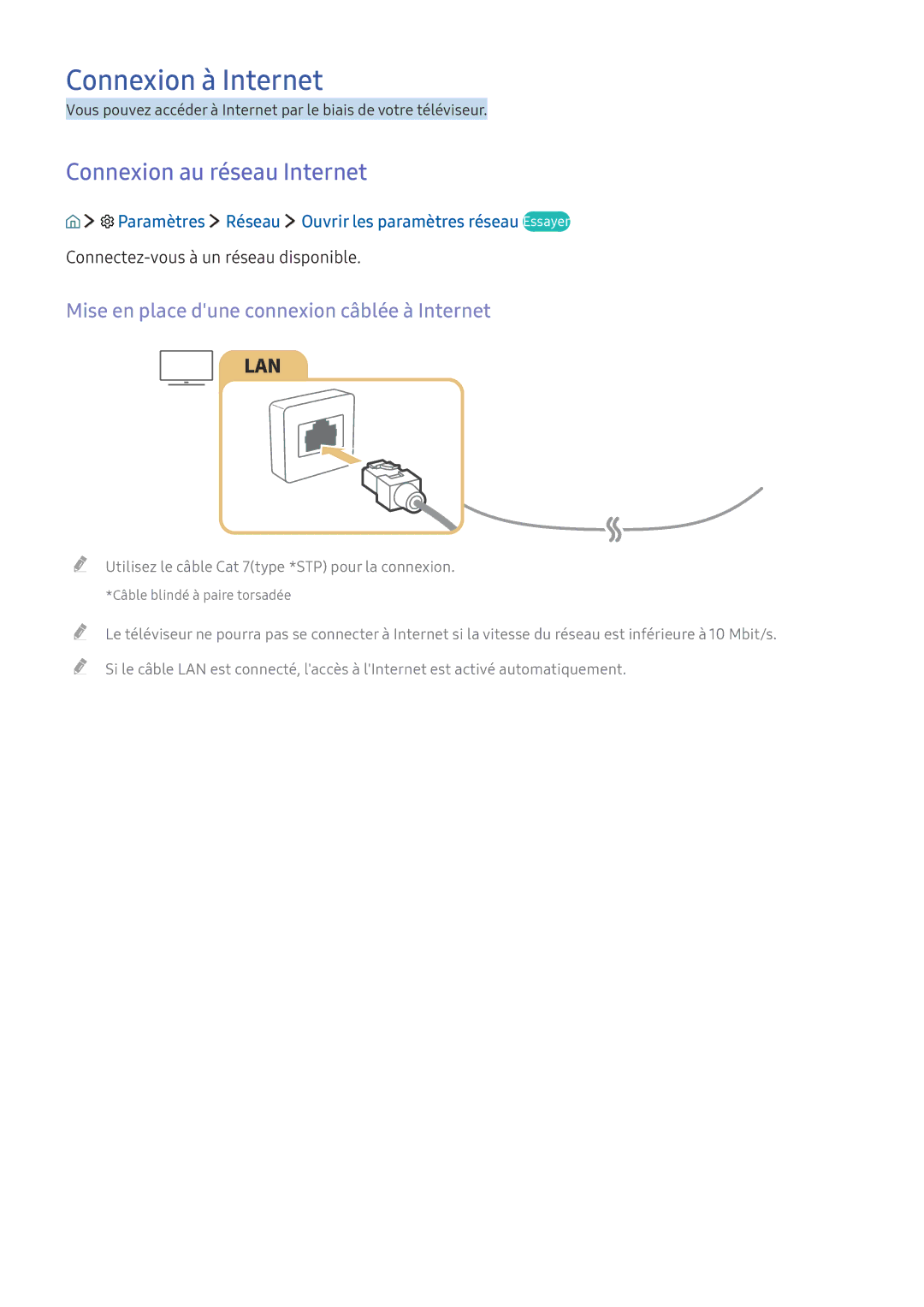 Samsung UE40K5600AKXZF Connexion à Internet, Connexion au réseau Internet, Mise en place dune connexion câblée à Internet 