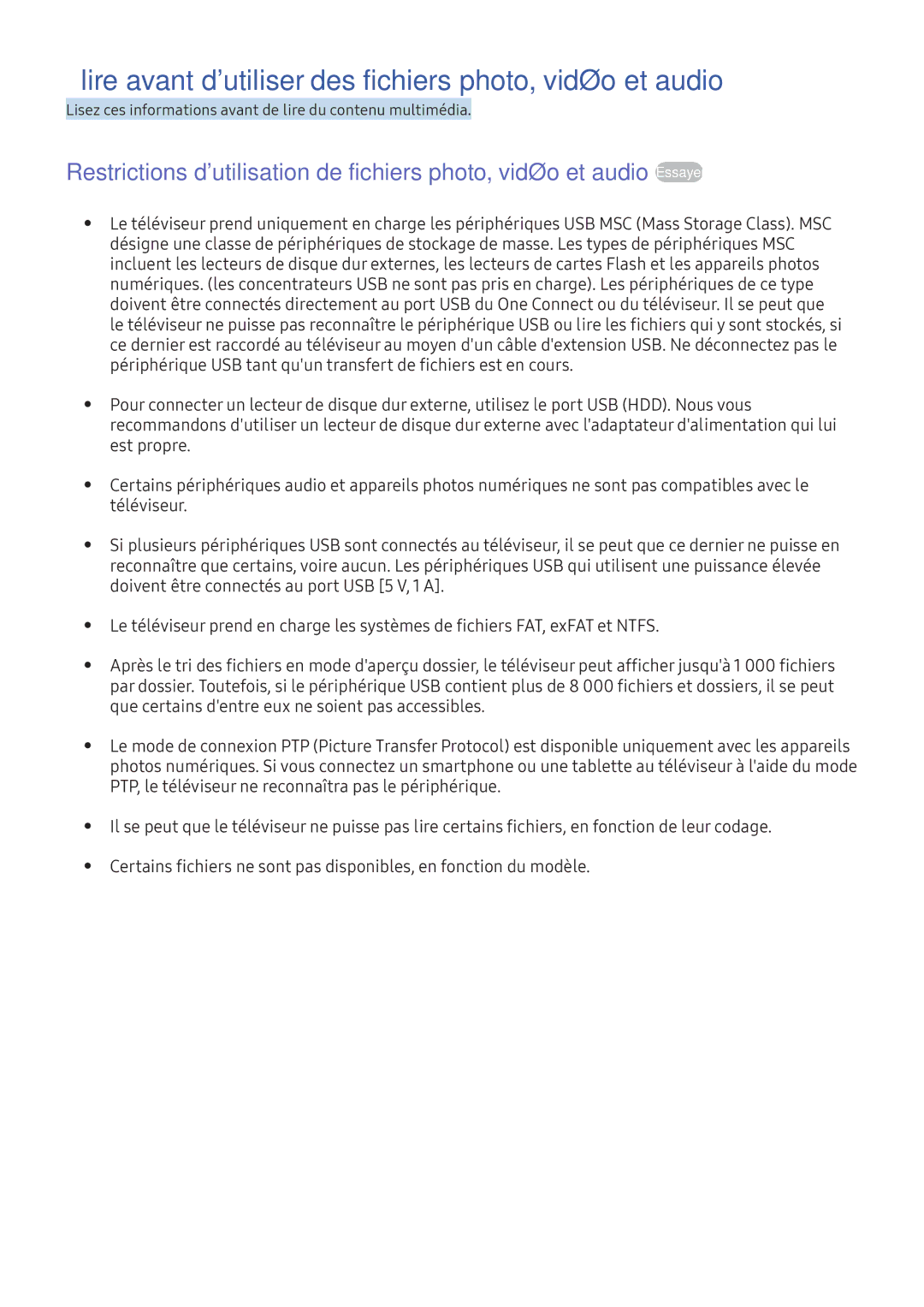 Samsung UE40K5500AKXZF, UE55K6300AKXZF, UE49K6300AKXZF manual Lire avant dutiliser des fichiers photo, vidéo et audio 