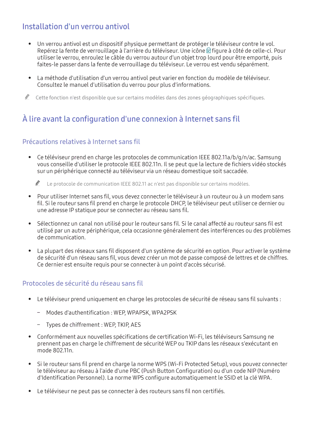 Samsung UE40K5600AKXZF, UE55K6300AKXZF manual Installation dun verrou antivol, Précautions relatives à Internet sans fil 