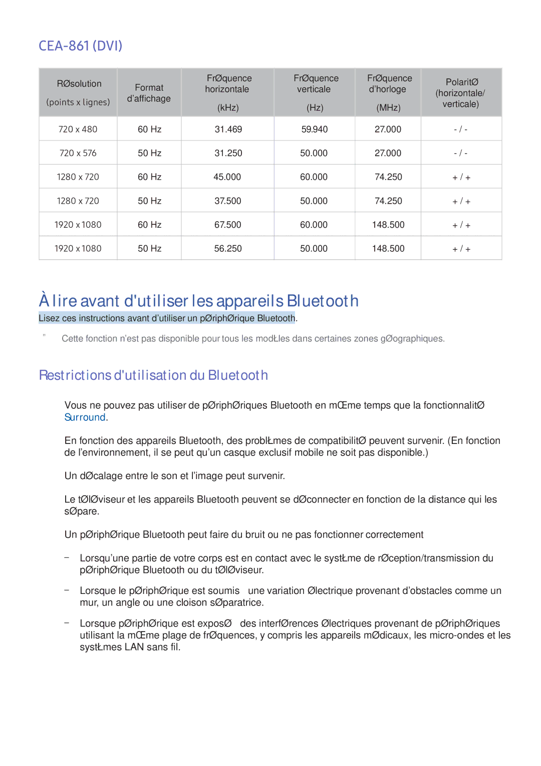 Samsung UE49K5500AKXZF Lire avant dutiliser les appareils Bluetooth, CEA-861 DVI, Restrictions dutilisation du Bluetooth 