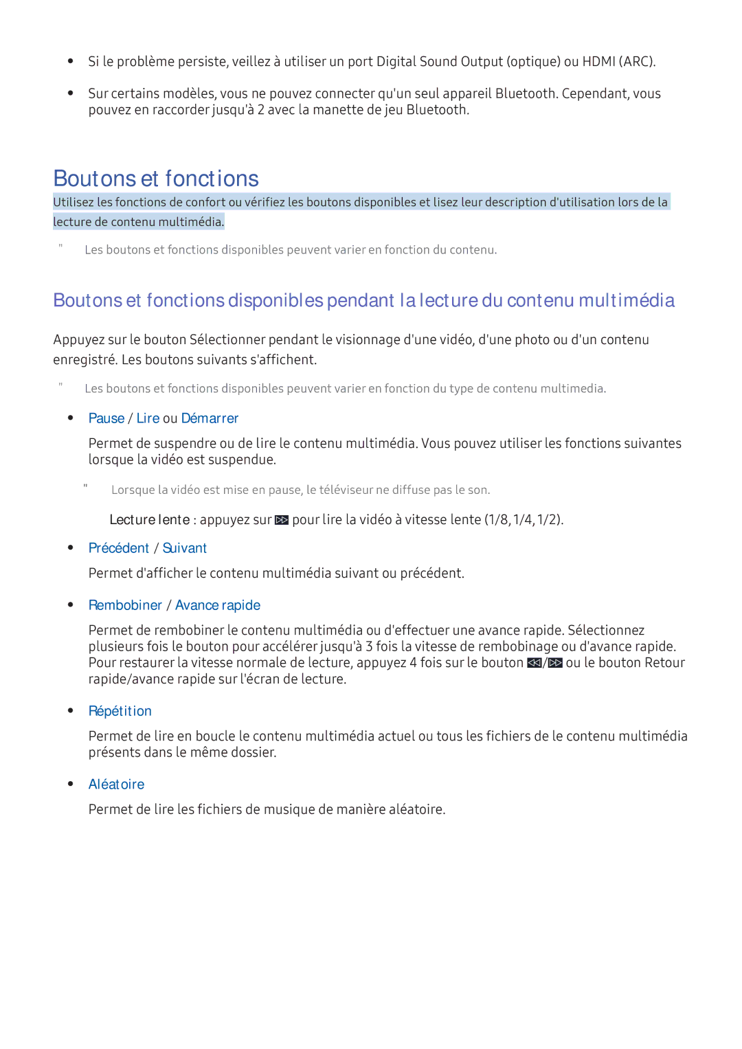 Samsung UE40K6300AKXZF Boutons et fonctions, Pause / Lire ou Démarrer, Rembobiner / Avance rapide, Répétition, Aléatoire 