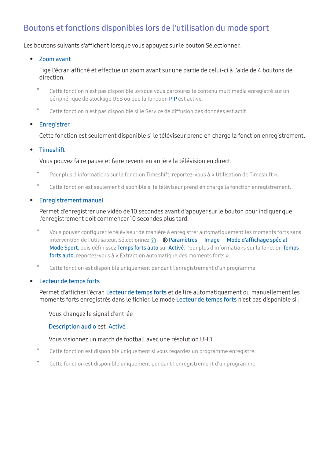 Samsung UE49K6300AKXZF Enregistrer, Timeshift, Enregistrement manuel, Lecteur de temps forts, Description audio est Activé 