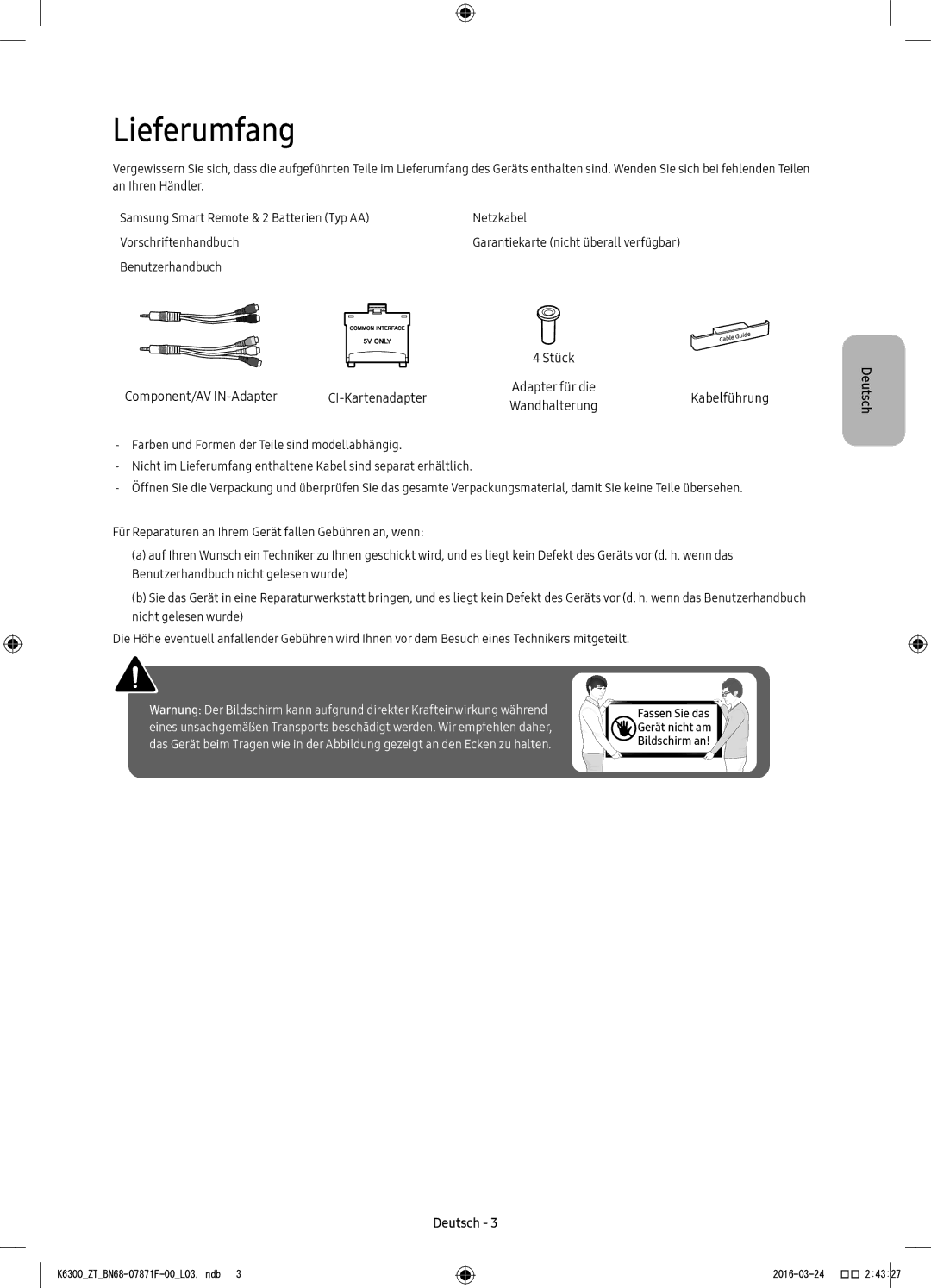 Samsung UE40K6300AKXZT, UE55K6300AKXZT, UE49K6300AKXZT manual Lieferumfang, Component/AV IN-Adapter CI-Kartenadapter 