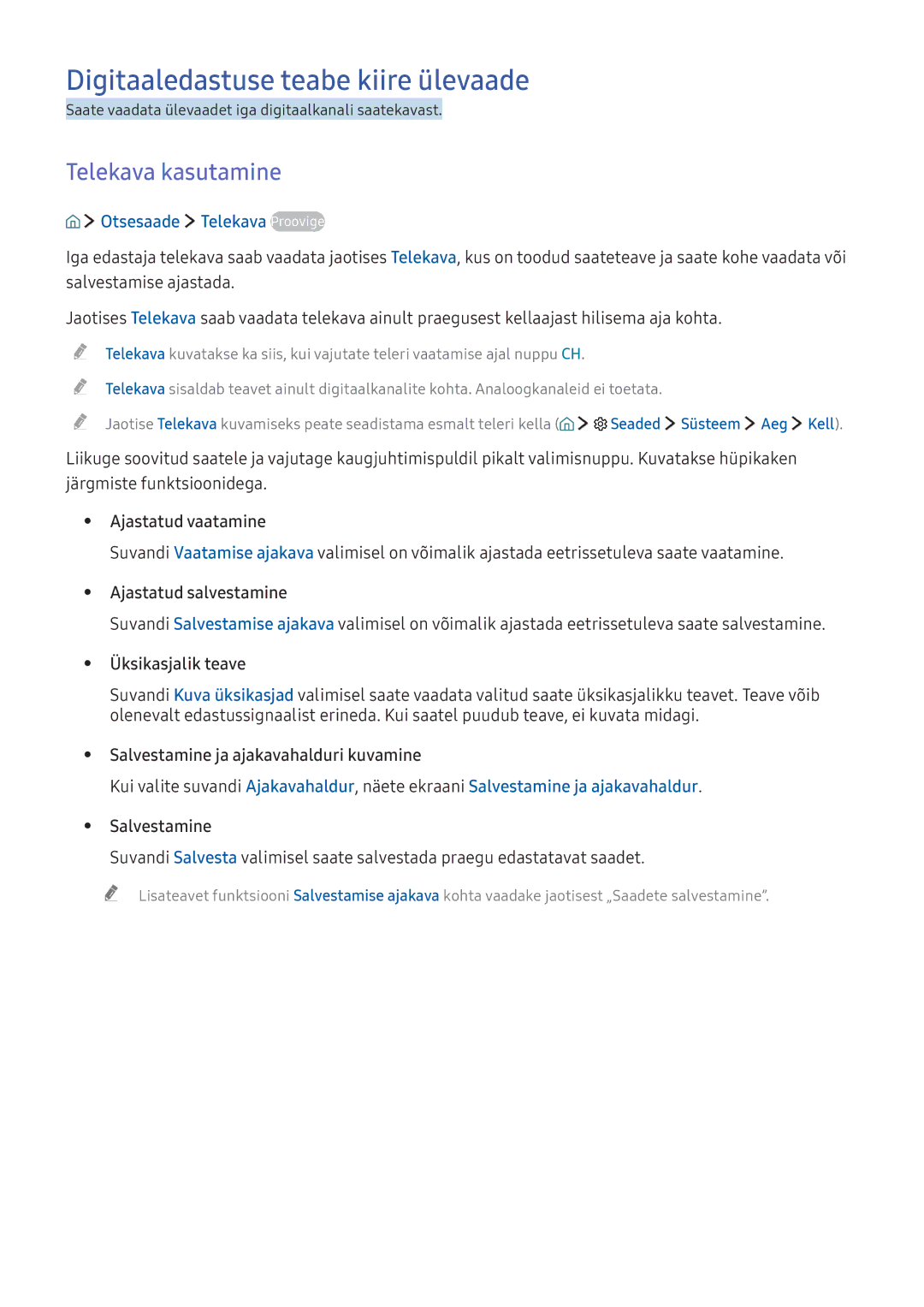 Samsung UE40K6372SUXXH manual Digitaaledastuse teabe kiire ülevaade, Telekava kasutamine, Otsesaade Telekava Proovige 