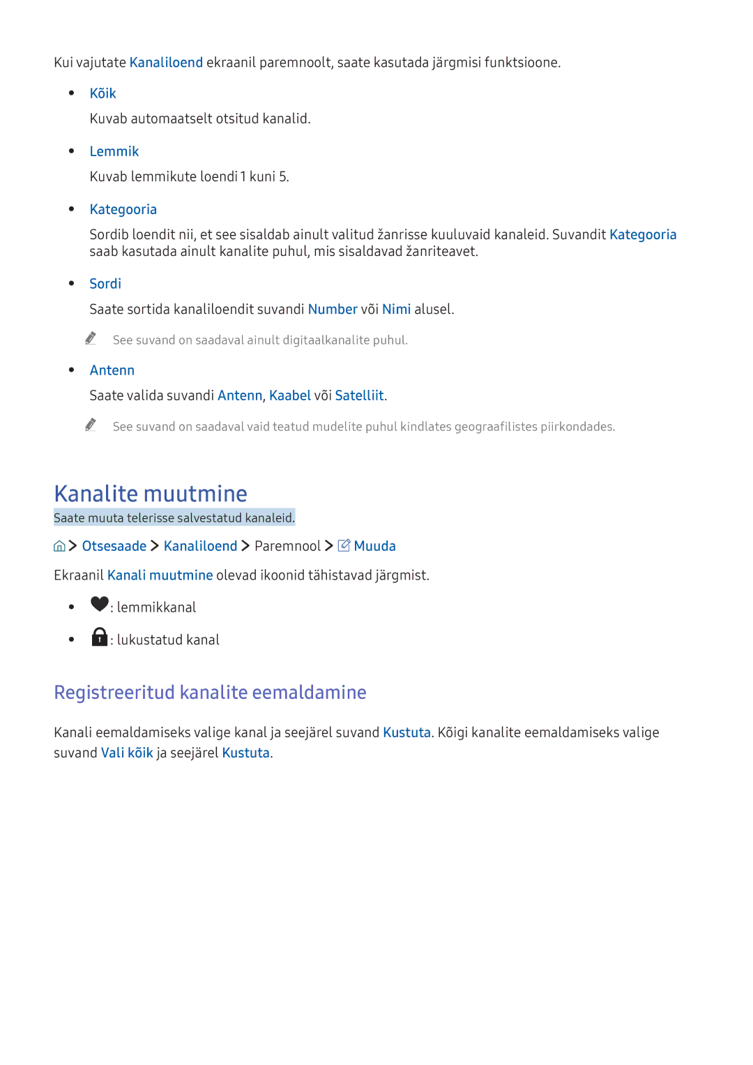 Samsung UE55K6300AWXXH, UE40K6300AWXXH, UE49K6300AWXXH manual Kanalite muutmine, Registreeritud kanalite eemaldamine 