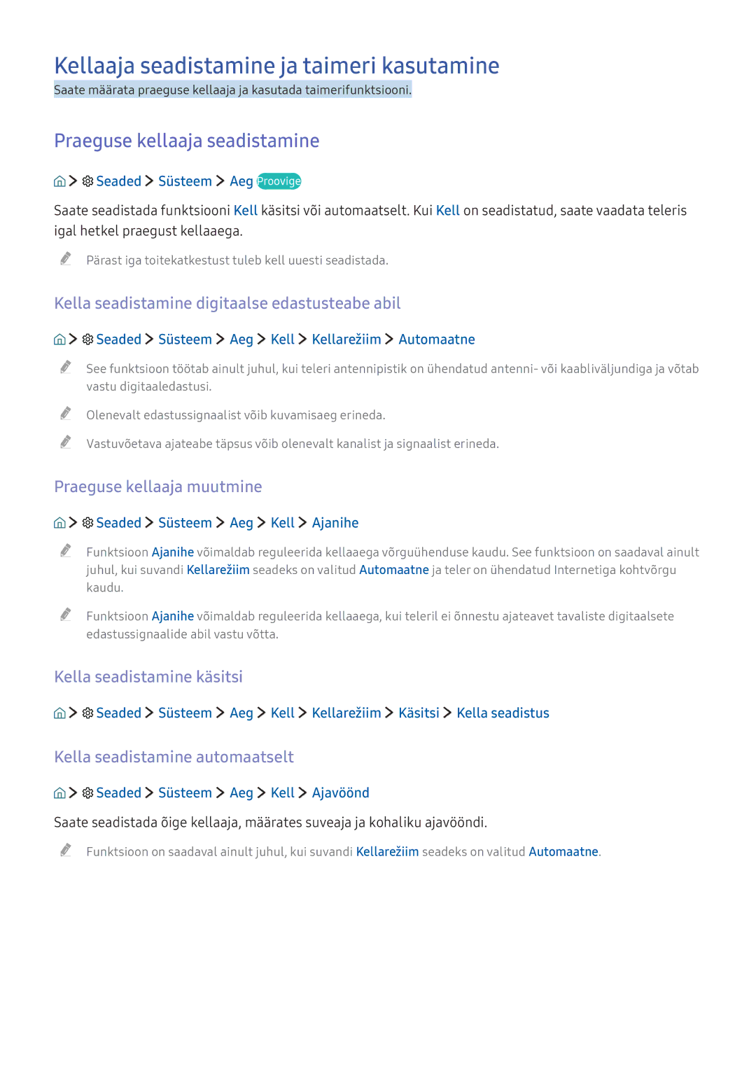 Samsung UE49K6300AWXXH, UE55K6300AWXXH manual Kellaaja seadistamine ja taimeri kasutamine, Praeguse kellaaja seadistamine 