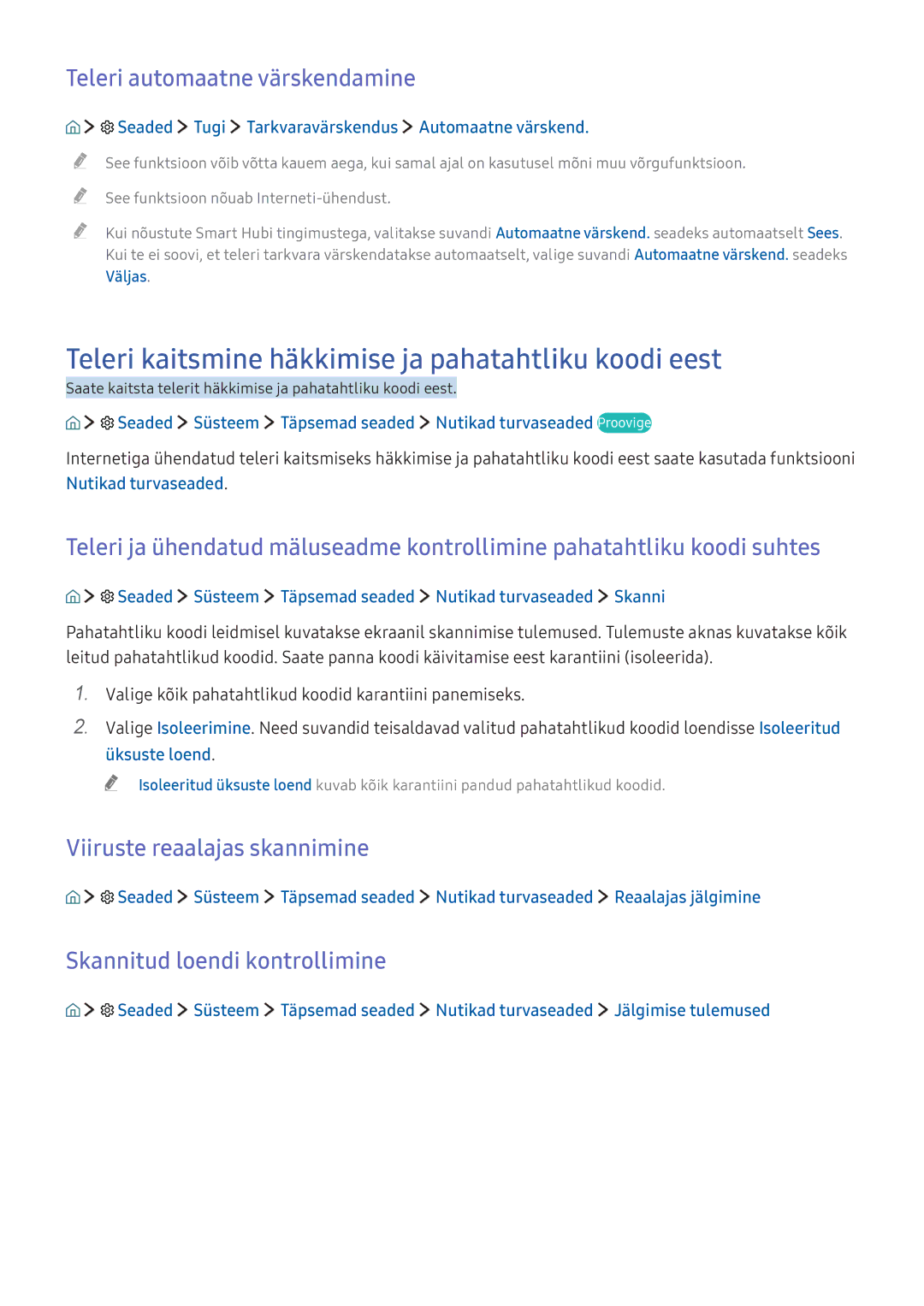 Samsung UE40K5582SUXXH manual Teleri kaitsmine häkkimise ja pahatahtliku koodi eest, Teleri automaatne värskendamine 