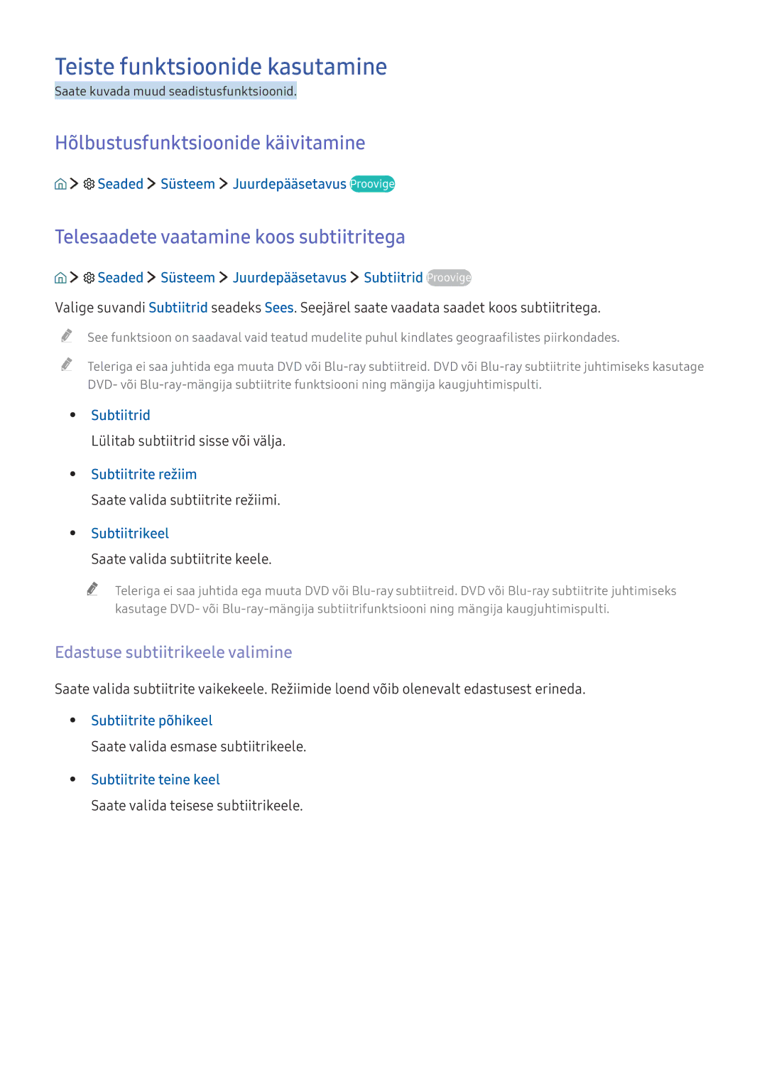 Samsung UE40K6372SUXXH, UE55K6300AWXXH, UE40K6300AWXXH Teiste funktsioonide kasutamine, Hõlbustusfunktsioonide käivitamine 