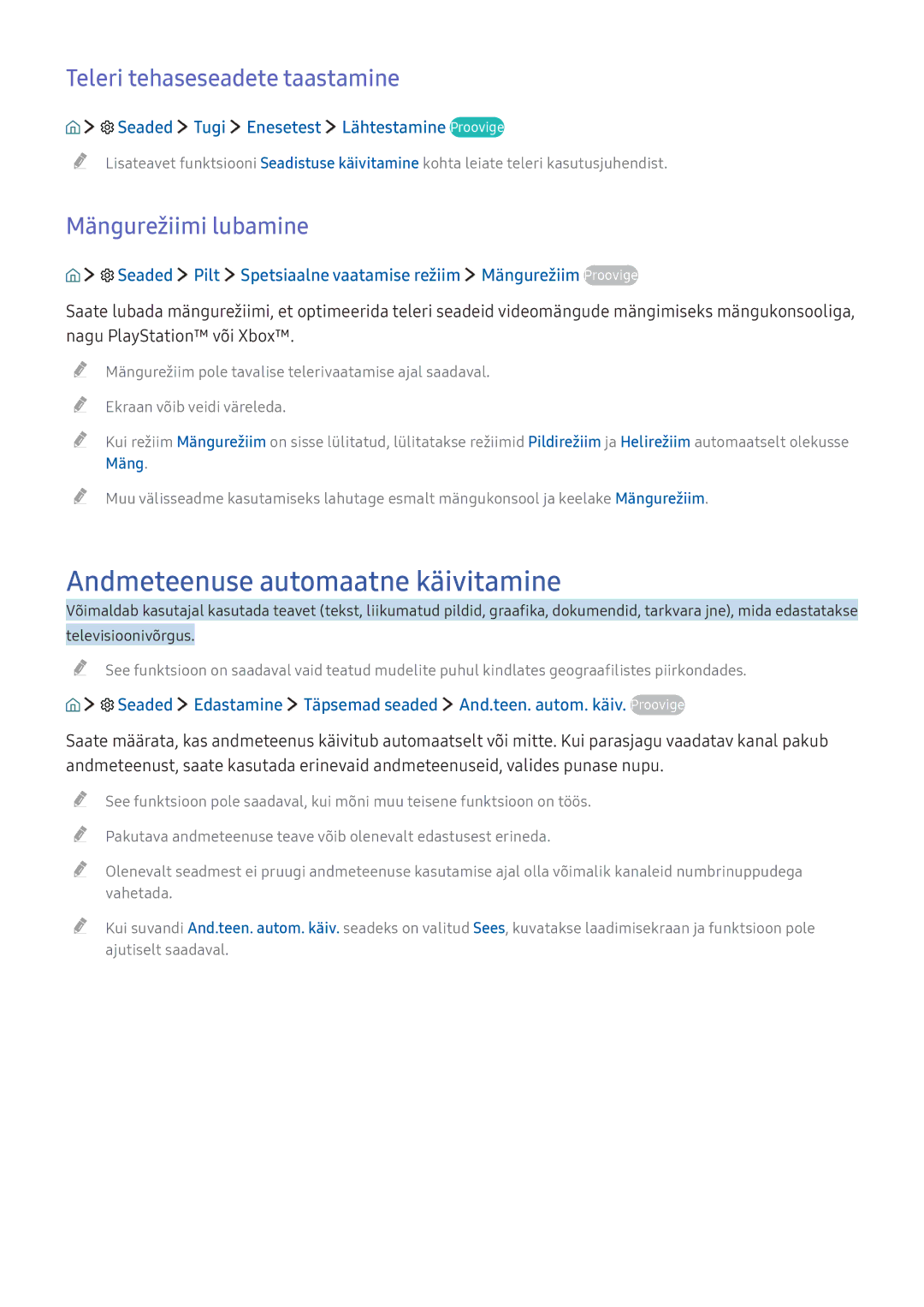 Samsung UE55K5582SUXXH manual Andmeteenuse automaatne käivitamine, Teleri tehaseseadete taastamine, Mängurežiimi lubamine 