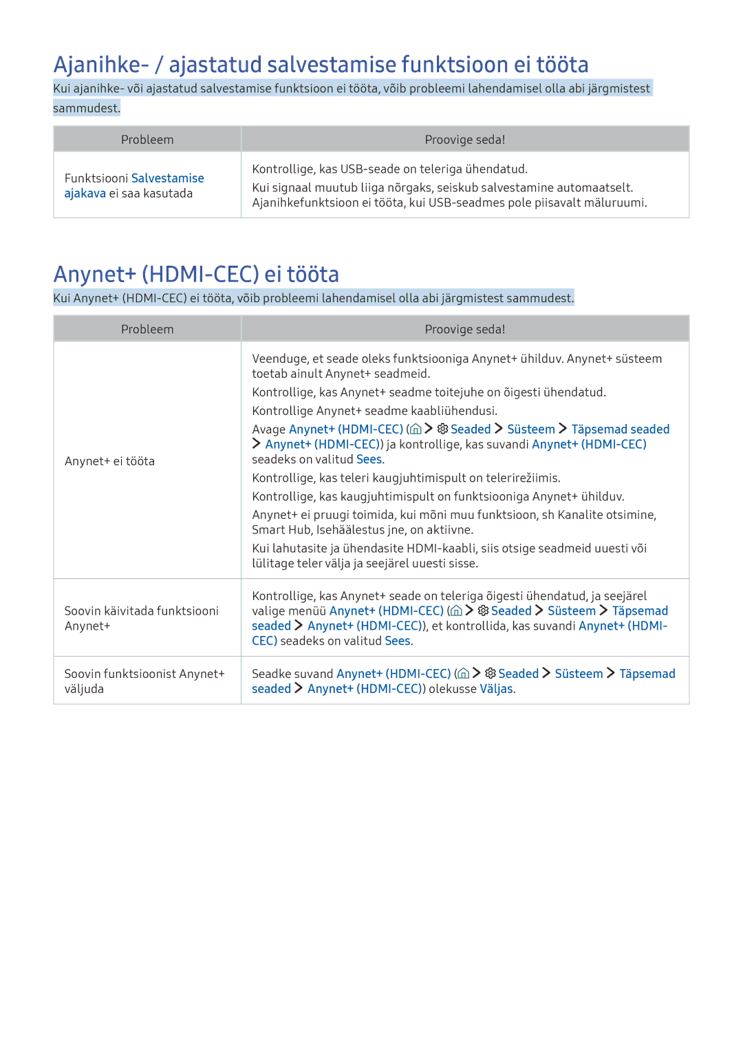 Samsung UE55K5582SUXXH, UE55K6300AWXXH Ajanihke- / ajastatud salvestamise funktsioon ei tööta, Anynet+ HDMI-CEC ei tööta 