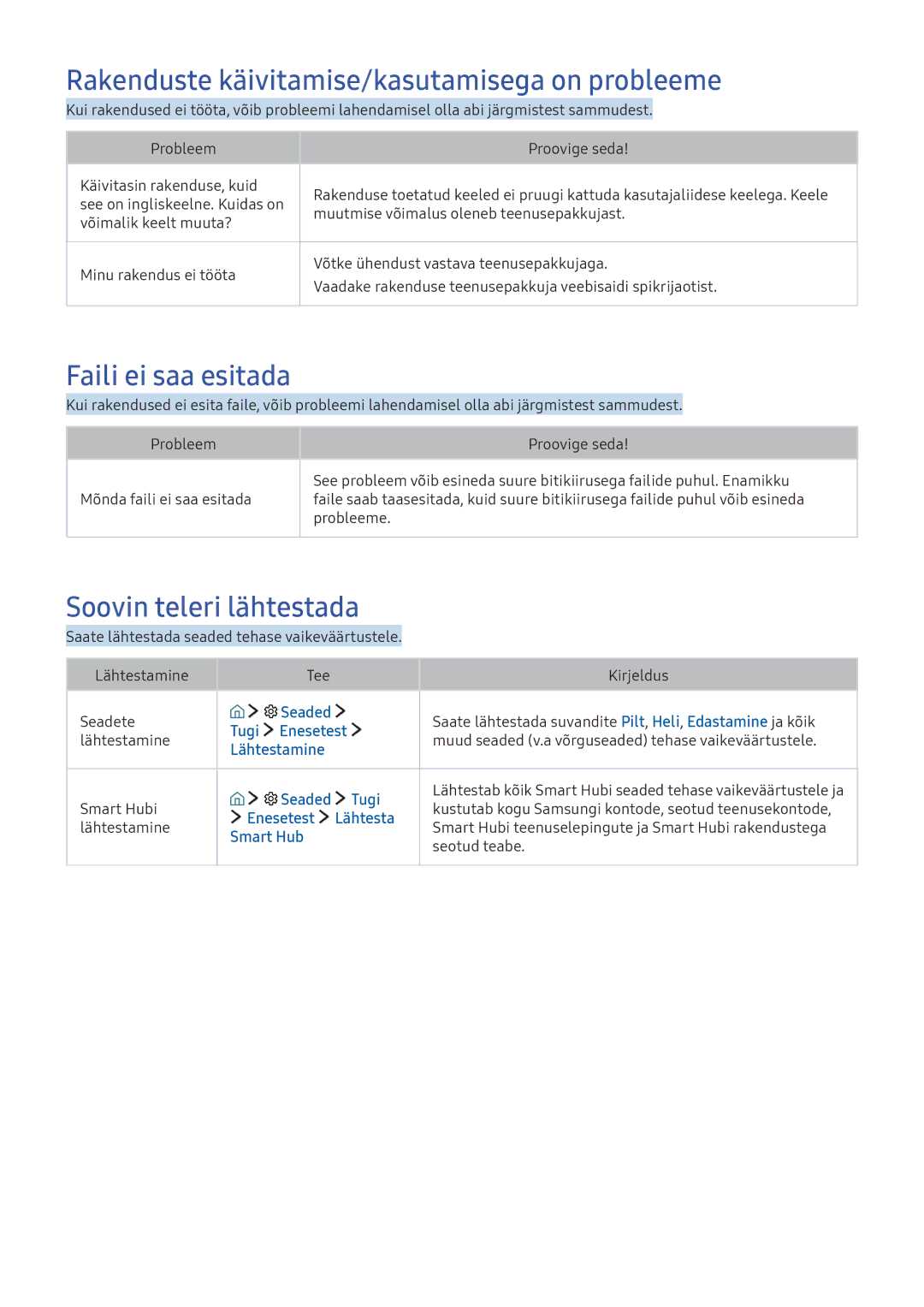 Samsung UE40K6300AWXXH Rakenduste käivitamise/kasutamisega on probleeme, Faili ei saa esitada, Soovin teleri lähtestada 