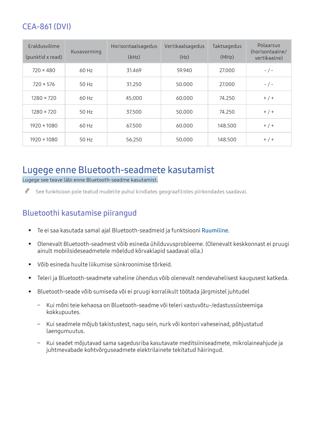 Samsung UE49K6372SUXXH manual Lugege enne Bluetooth-seadmete kasutamist, CEA-861 DVI, Bluetoothi kasutamise piirangud 