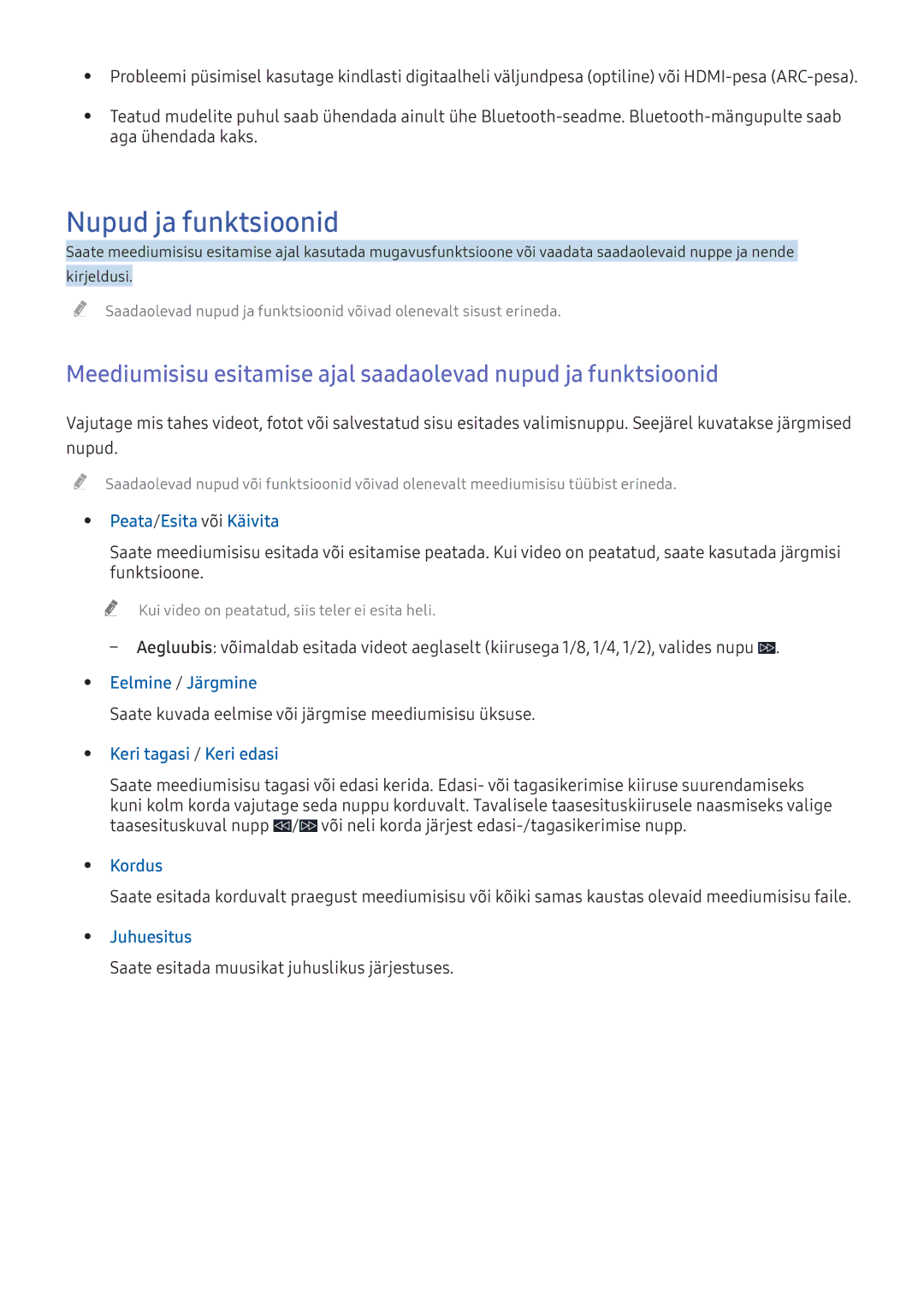 Samsung UE55K6372SUXXH manual Nupud ja funktsioonid, Peata/Esita või Käivita, Keri tagasi / Keri edasi, Kordus, Juhuesitus 