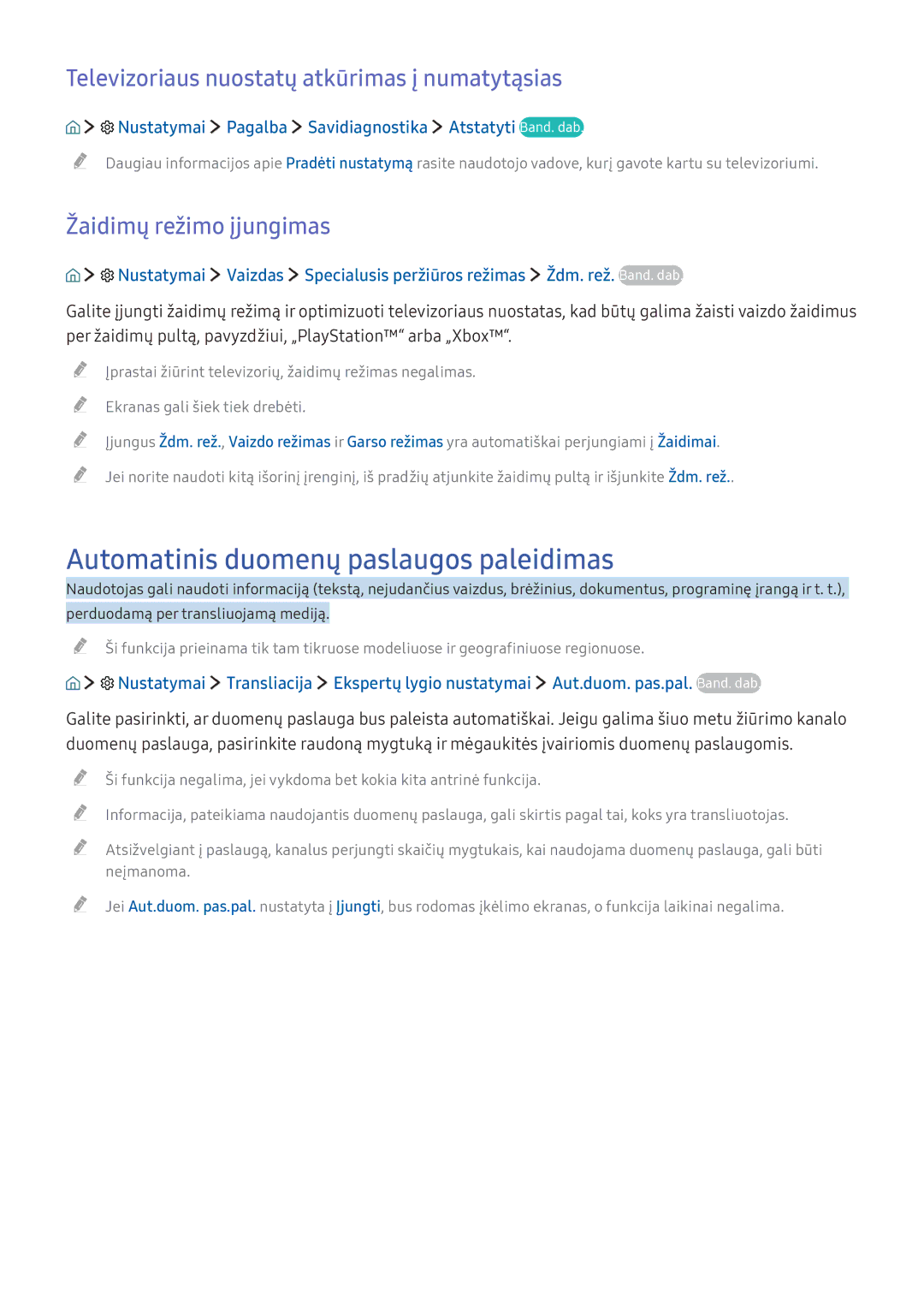 Samsung UE55K5582SUXXH manual Automatinis duomenų paslaugos paleidimas, Televizoriaus nuostatų atkūrimas į numatytąsias 